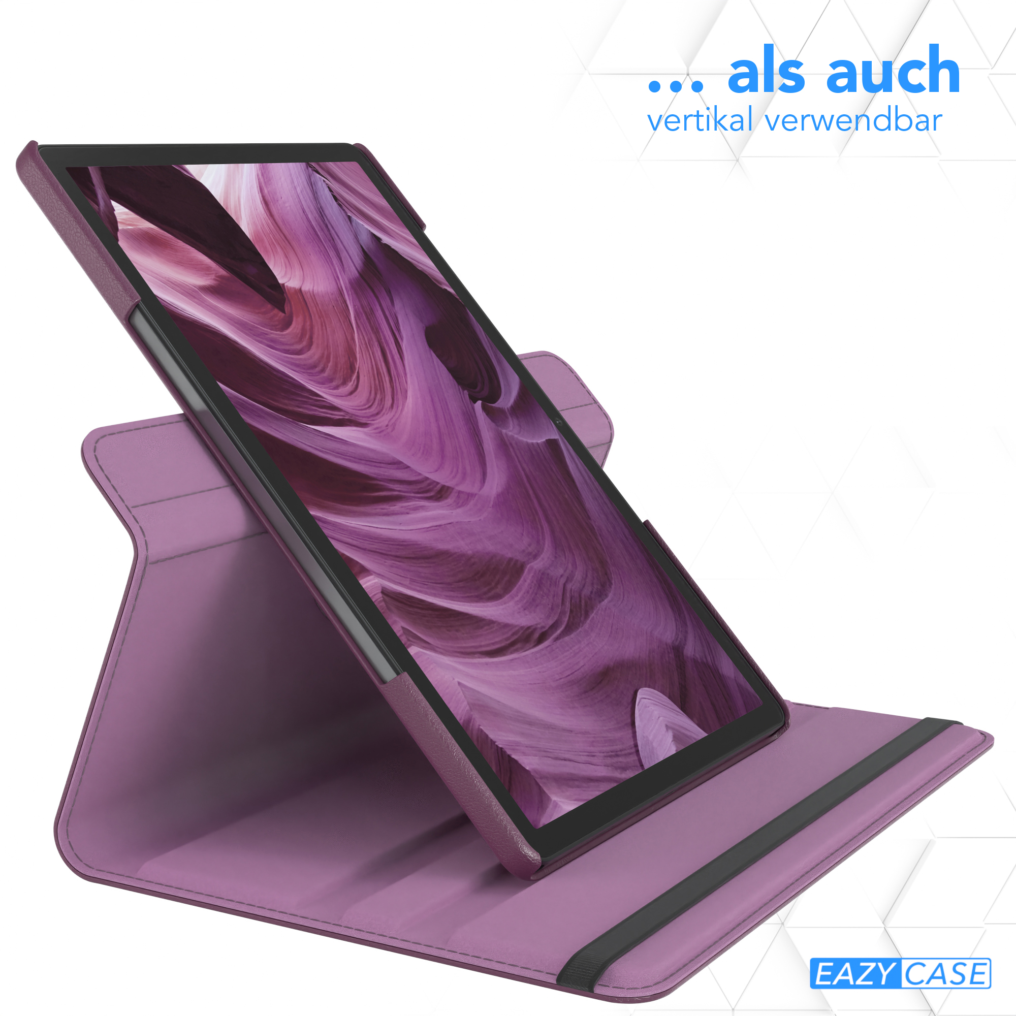Tablet in lila Hülle, nach oben geneigt, von der Hülle gestützt. Die Hülle hat eine Halterung.