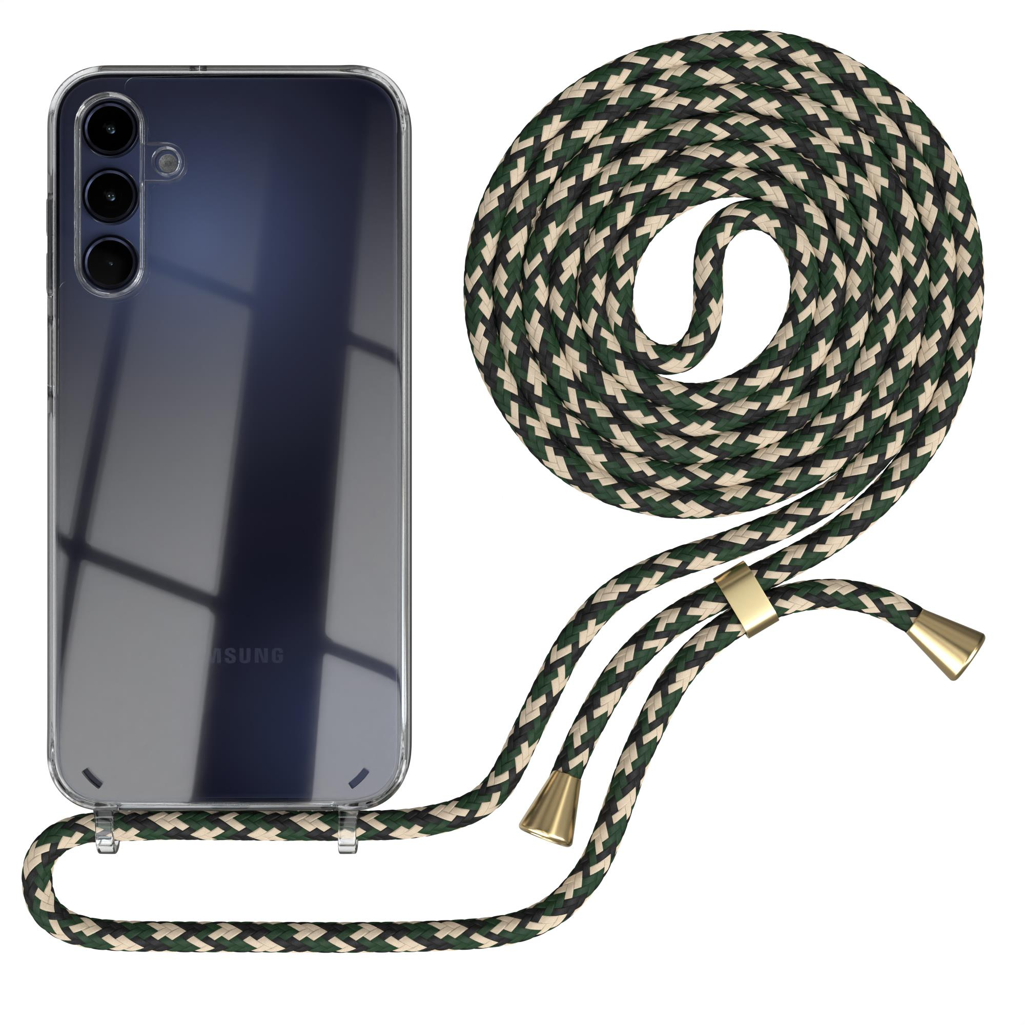 Eine transparente Handyhülle mit grün-weißem Kordel. Das Telefon ist schwarz und hat Kameras.