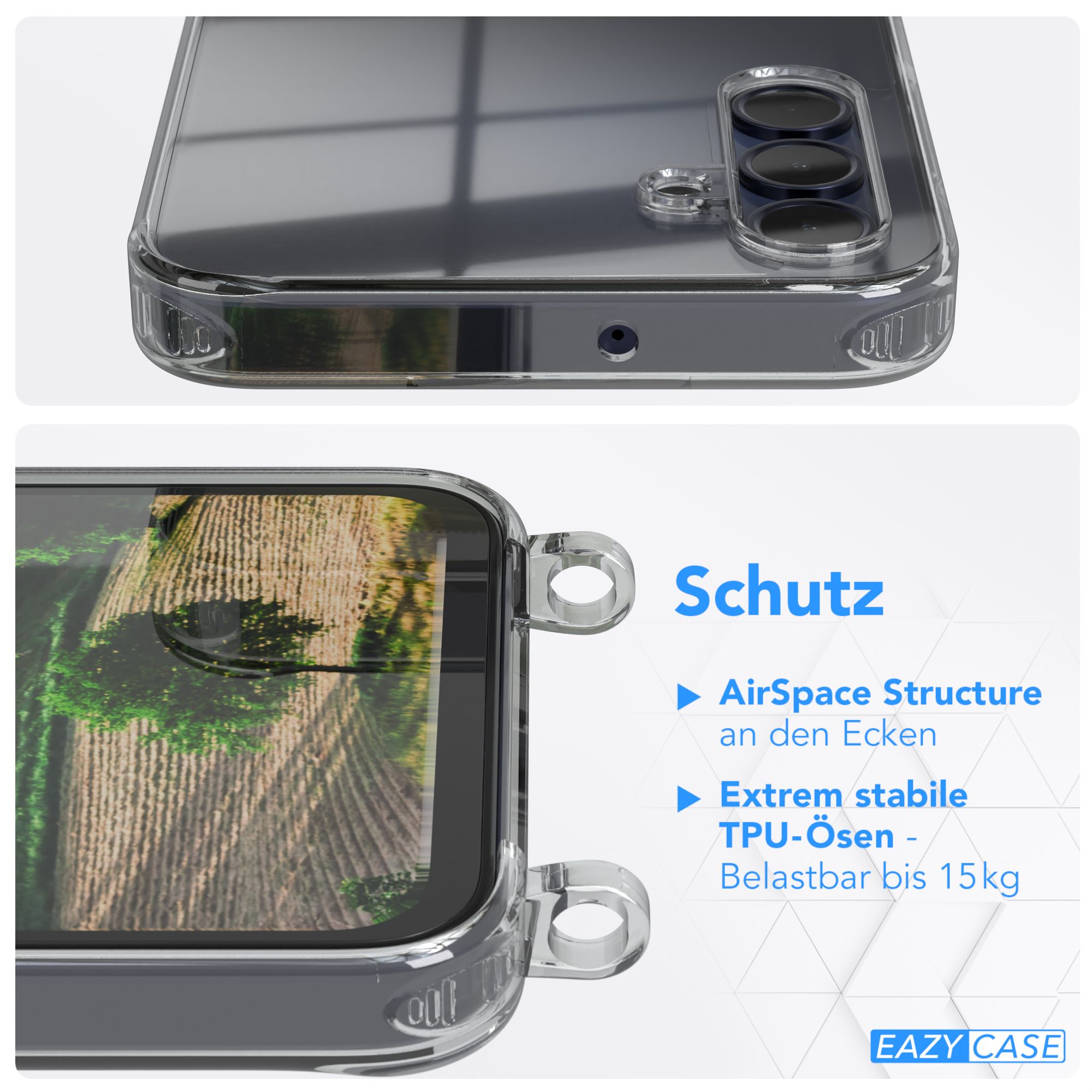 Nahaufnahme einer Handyhülle, die ein Handy schützt. Text sagt 'AirSpace Structure' und 'Eazy Case'.