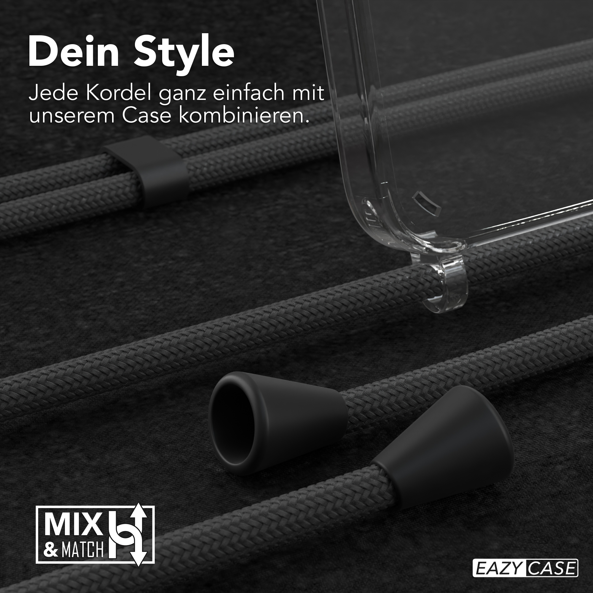 Schwarze Kordeln mit schwarzen Enden. Oben ist eine transparente Handyhülle. Der Hintergrund ist dunkel.