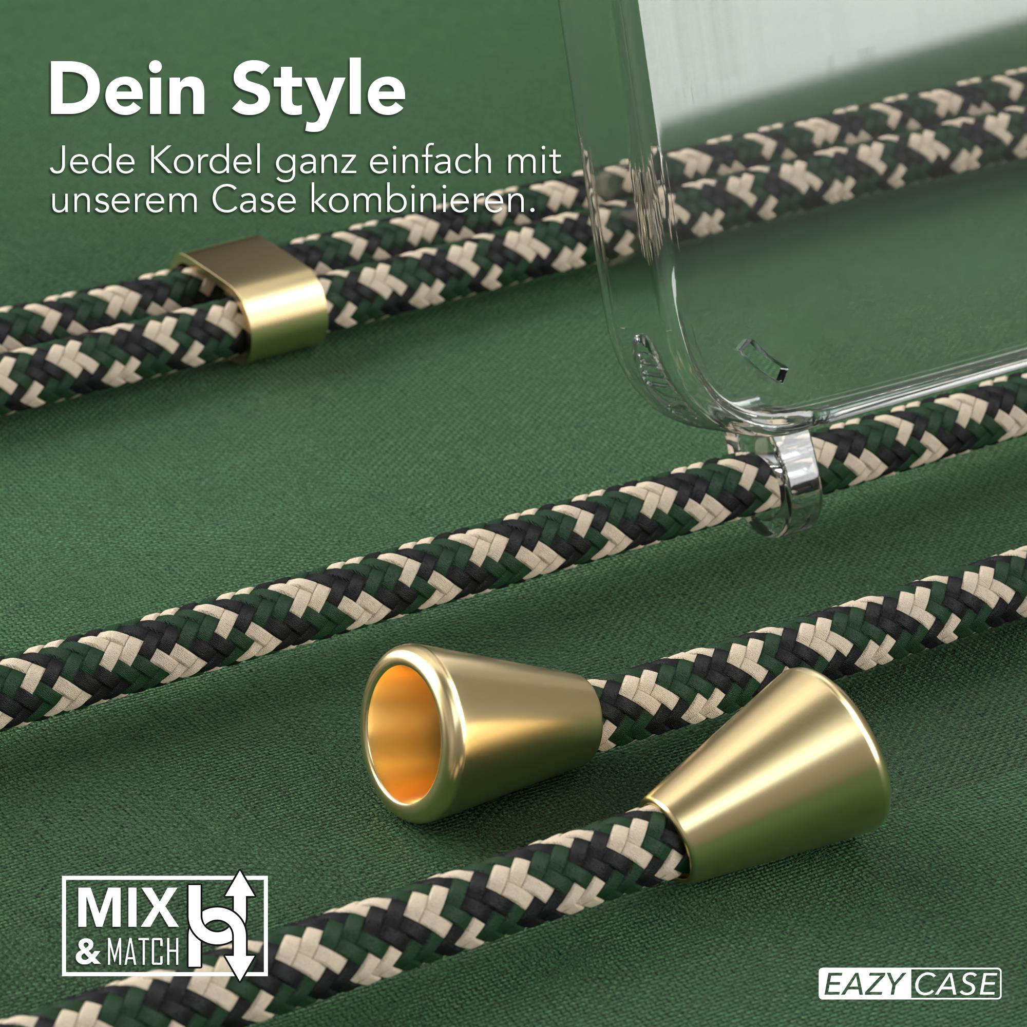 Nahaufnahme einer Handyhülle mit Riemen und goldenen Akzenten auf grünem Grund.