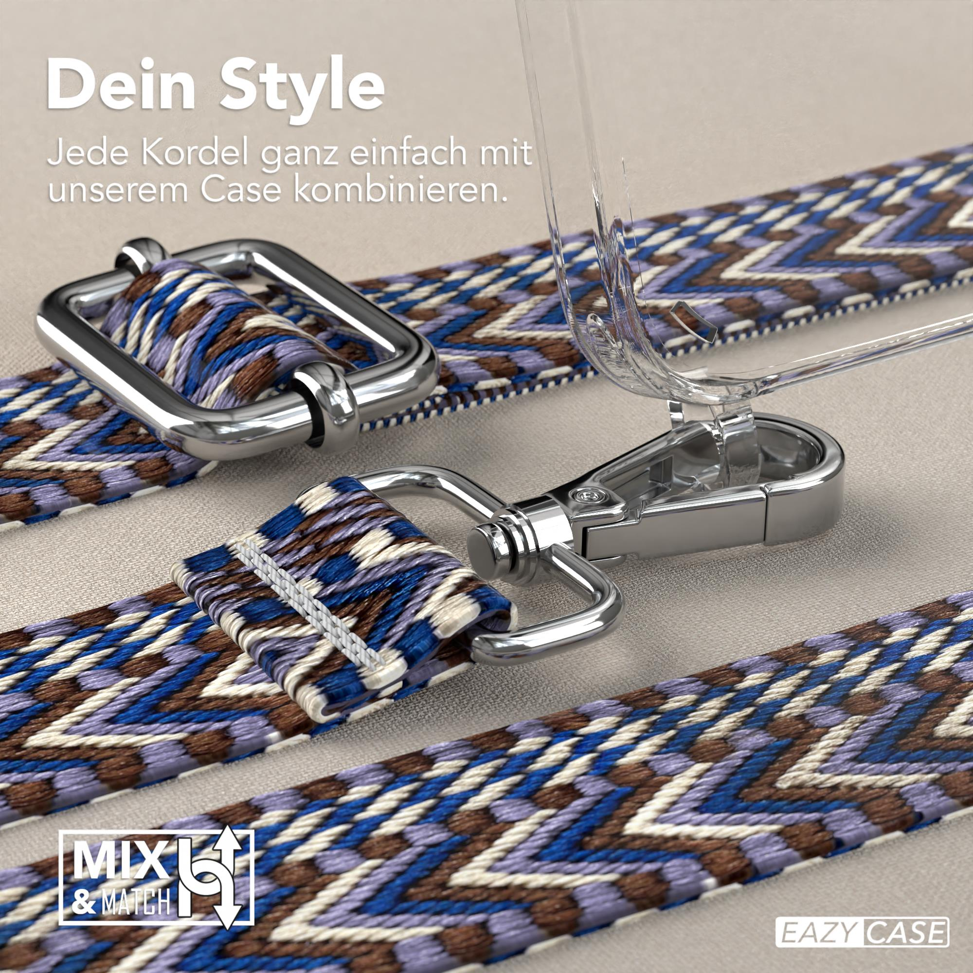 Nahaufnahme von Riemen mit Metallverschlüssen und einer durchsichtigen Handyhülle.