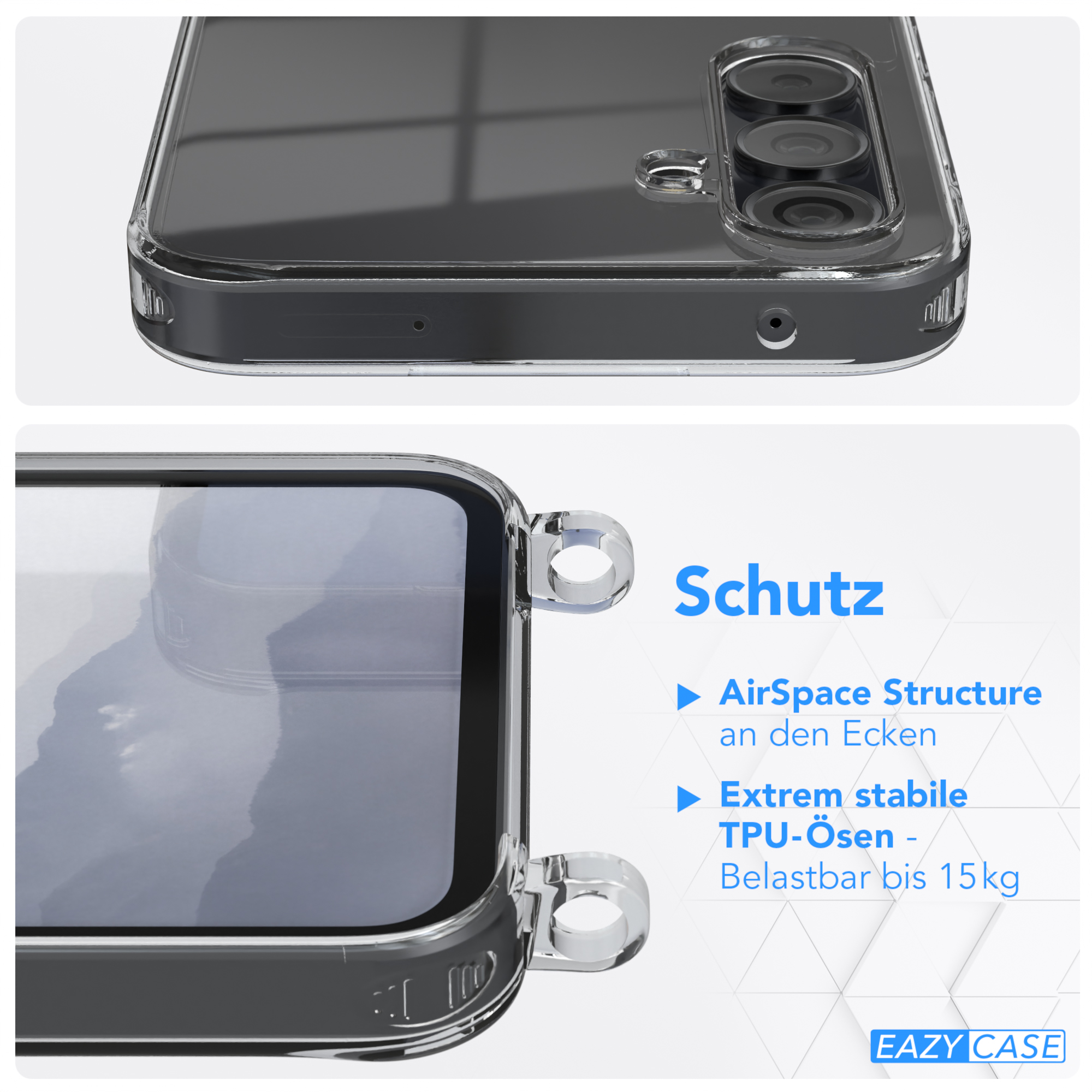 Eine transparente Handyhülle mit Telefon. Die Hülle hat Schutzfunktionen.