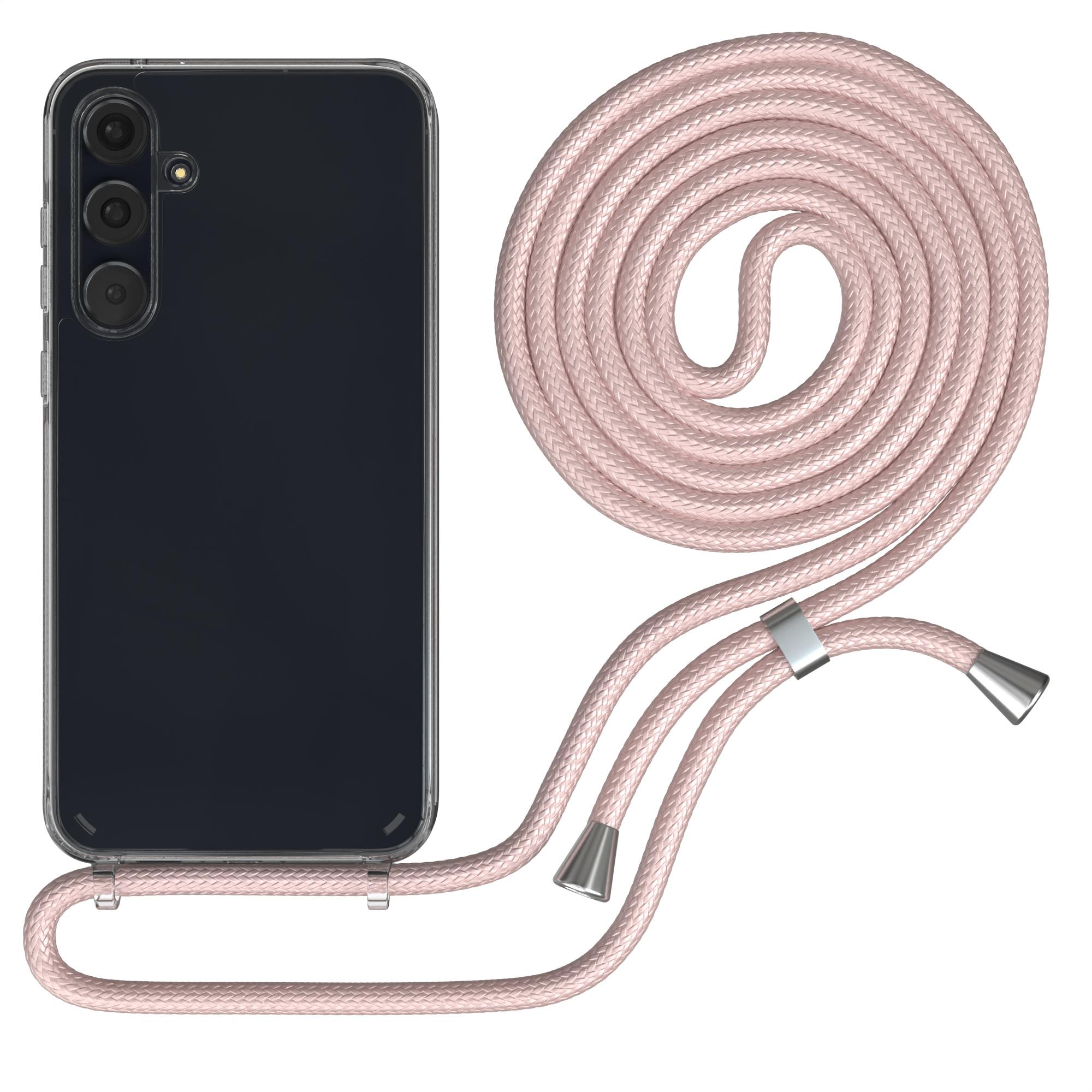 Schwarzes Telefon mit klarer Hülle und rosa Schlüsselband.