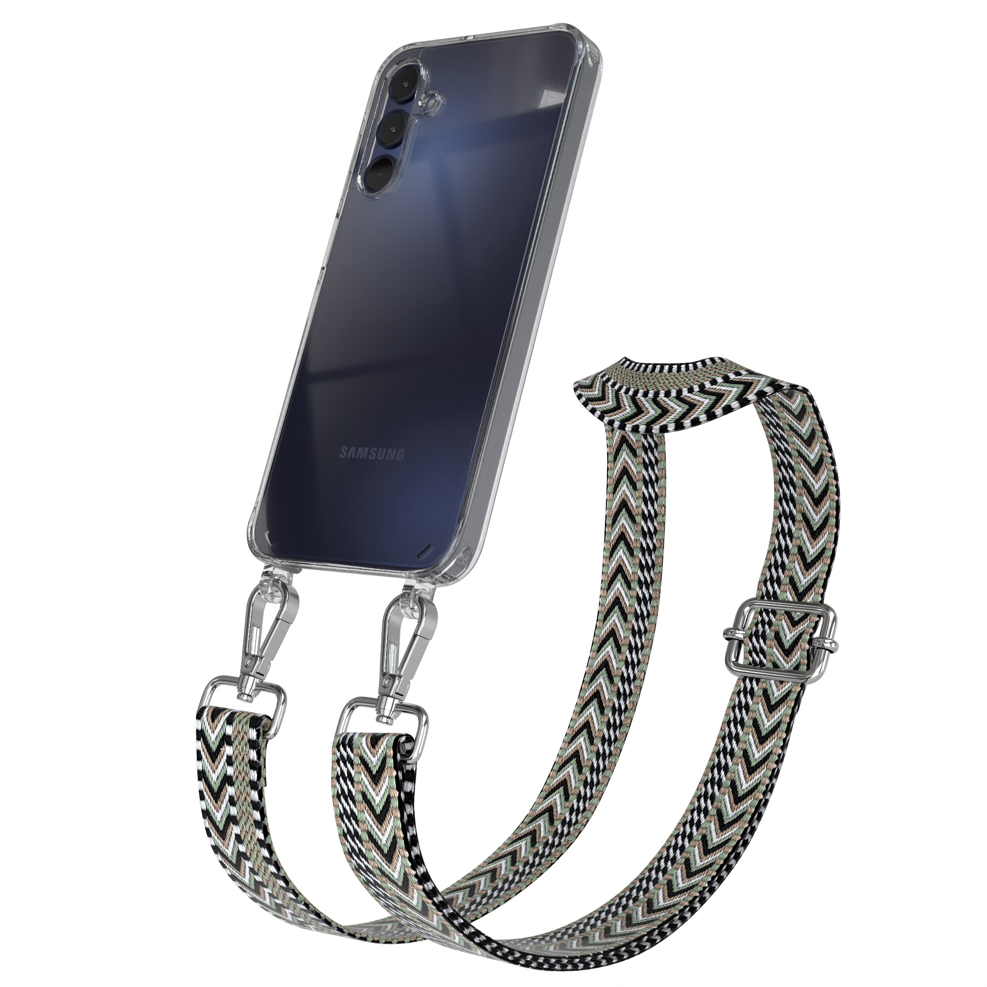 Eine klare Handyhülle mit einem schwarzen Telefon darin und einem Riemen mit schwarzen, grünen und weißen Mustern.
