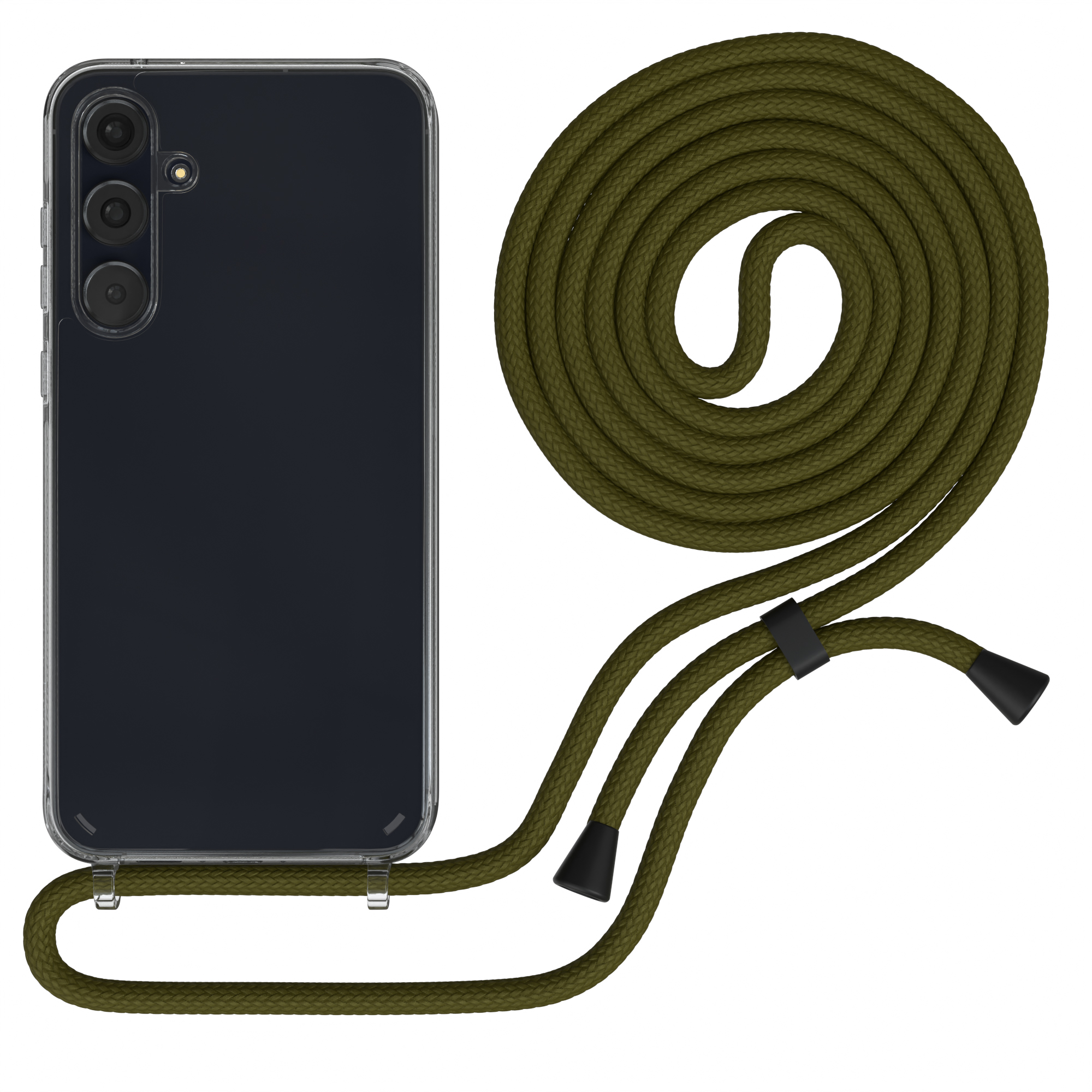 Transparente Handyhülle mit dunklem Telefon und olivgrünem Seilriemen.