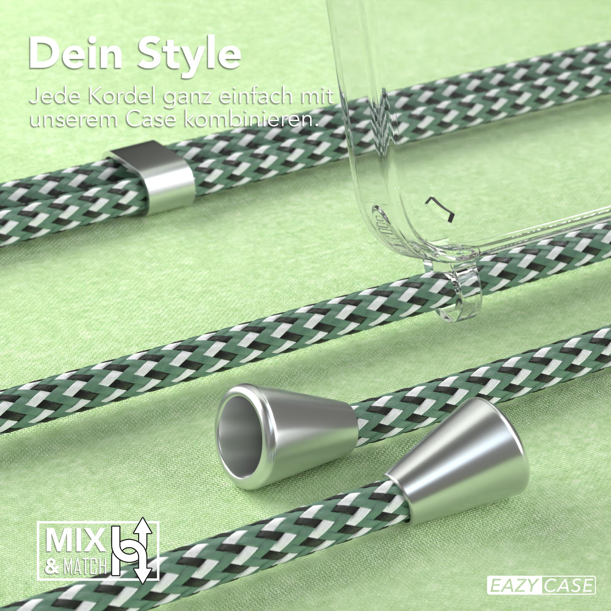 Grün-weiß gemusterte Kordel mit silbernen Metallenden. Der Text lautet 'Dein Style'.
