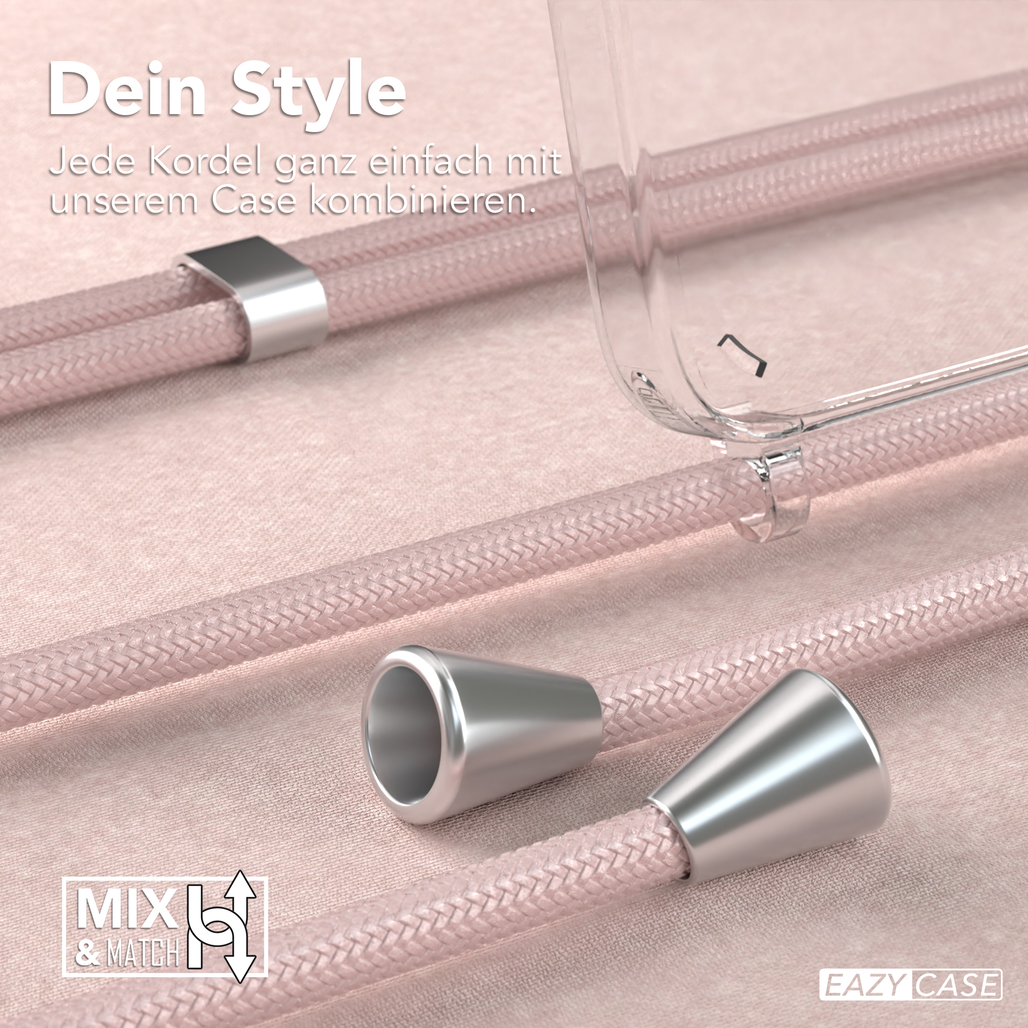 Nahaufnahme von rosa Kordeln mit silbernen Metallakzenten, mit klarer Handyhülle und Text.