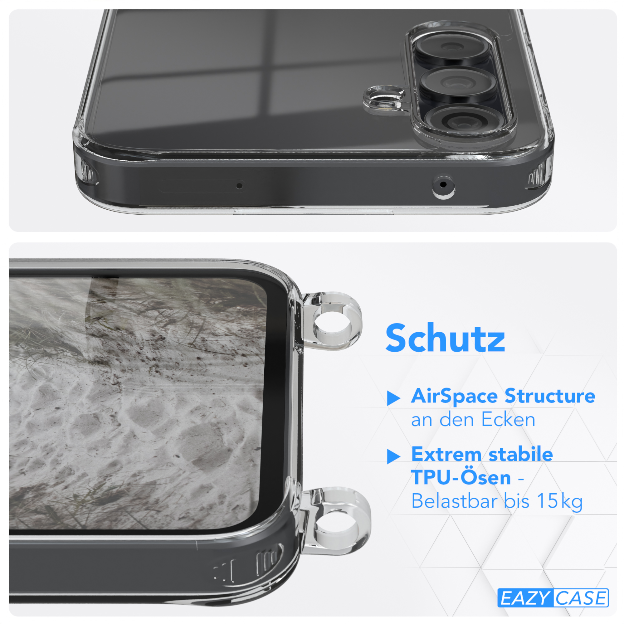 Transparente Handyhülle mit TPU-Ösen. Zeigt Kamera und Details des Telefons.