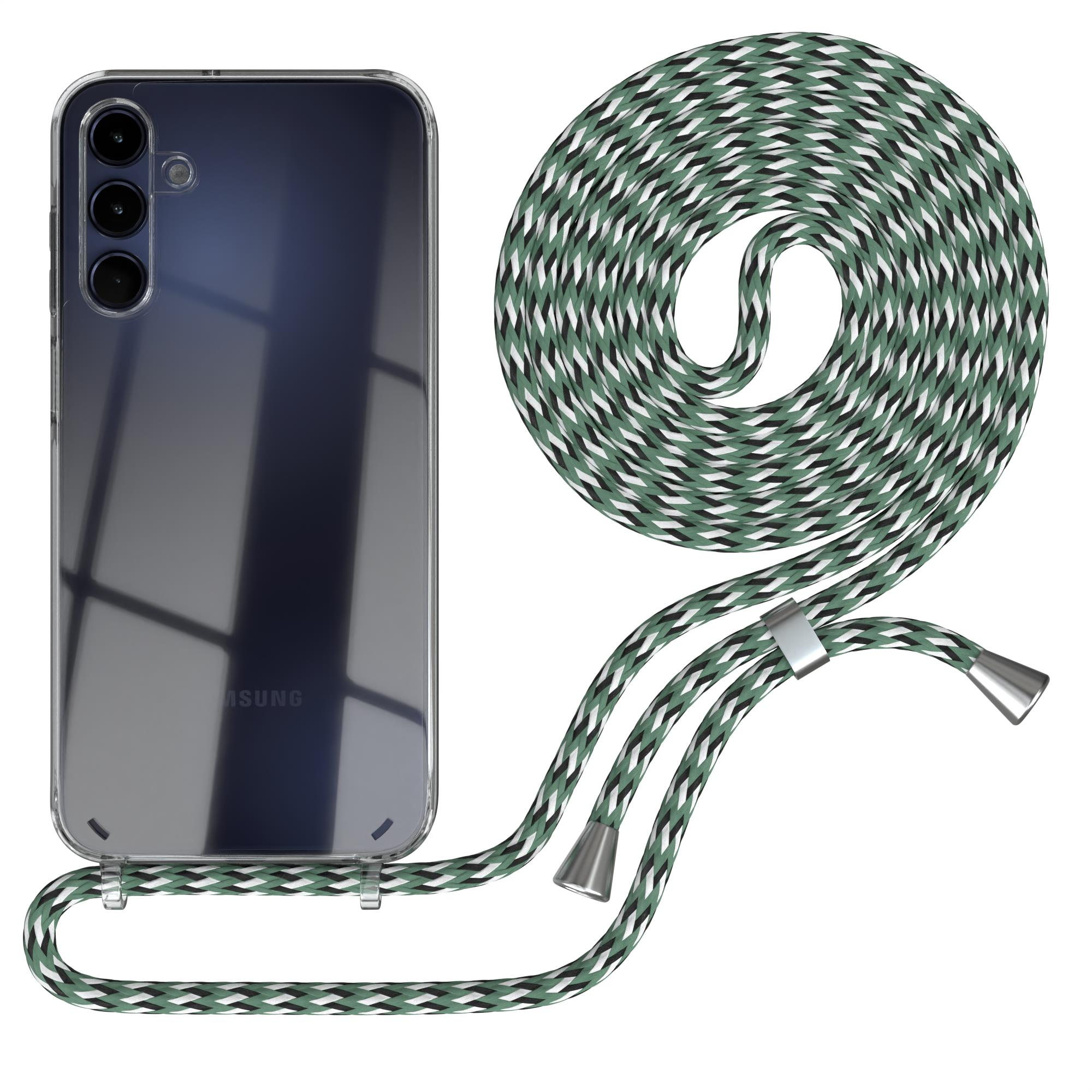 Eine transparente Handyhülle mit einem Samsung-Telefon und einem grün-weiß gemusterten Lanyard.
