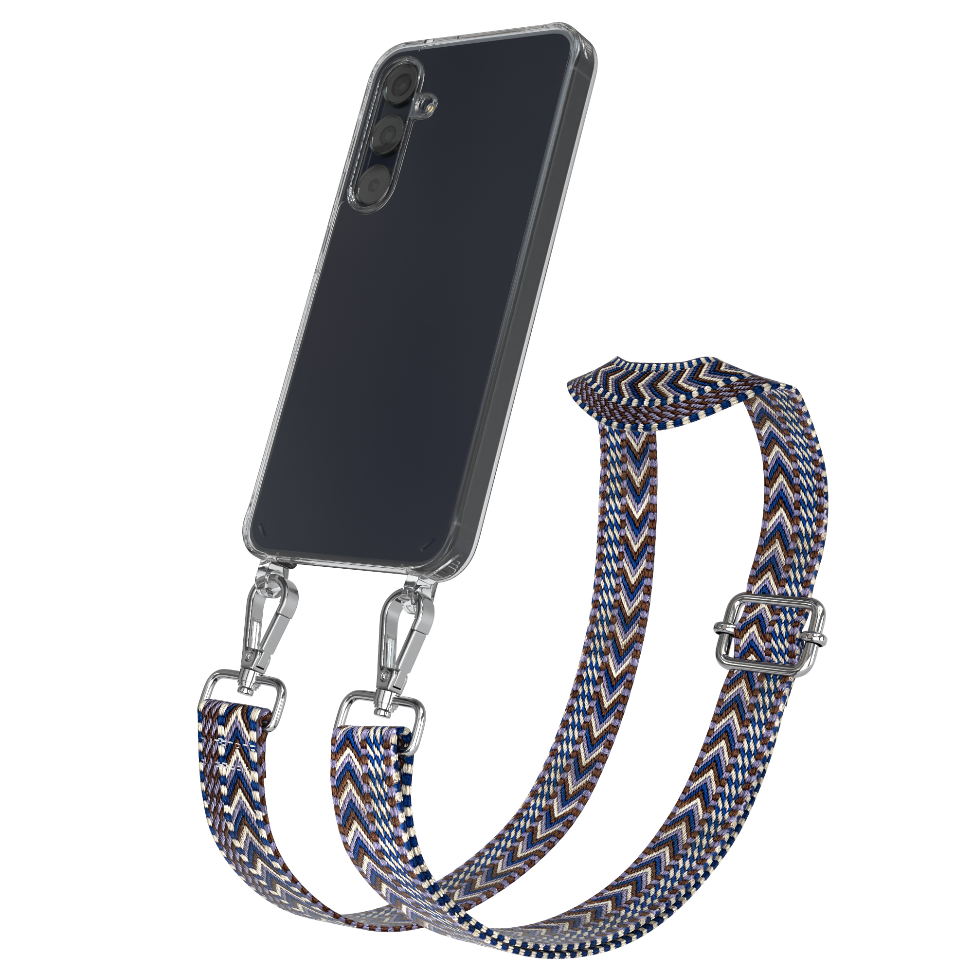 Ein Smartphone in einer transparenten Hülle mit gemustertem Gurt auf weißem Hintergrund.