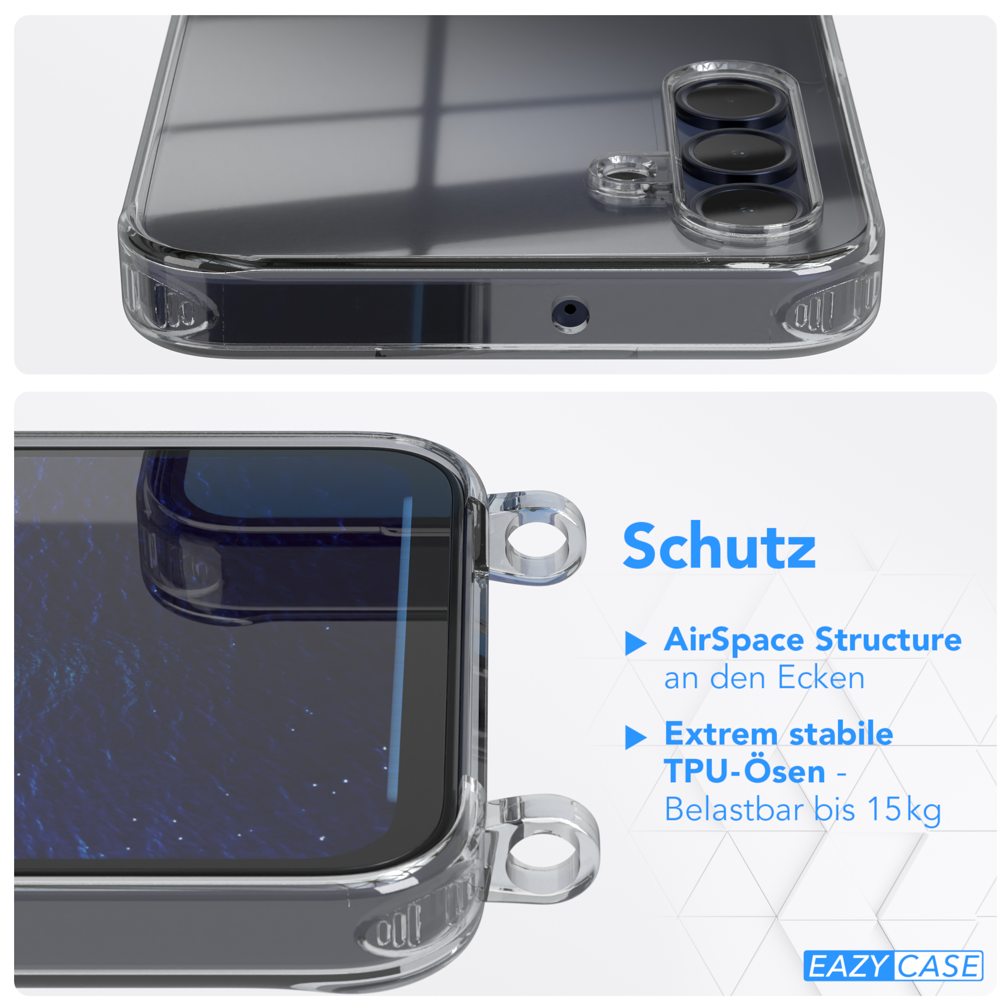 Nahaufnahme einer transparenten Handyhülle mit Telefon, die Schutzmerkmale im Text zeigt.