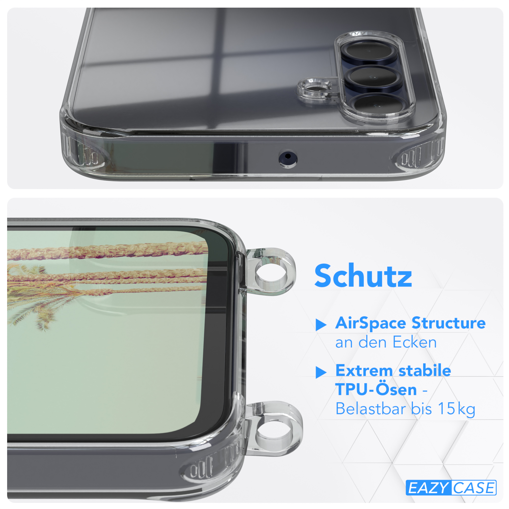 Transparente Handyhülle. Text: AirSpace-Struktur, TPU-Ösen und Belastbarkeit bis 15 kg.