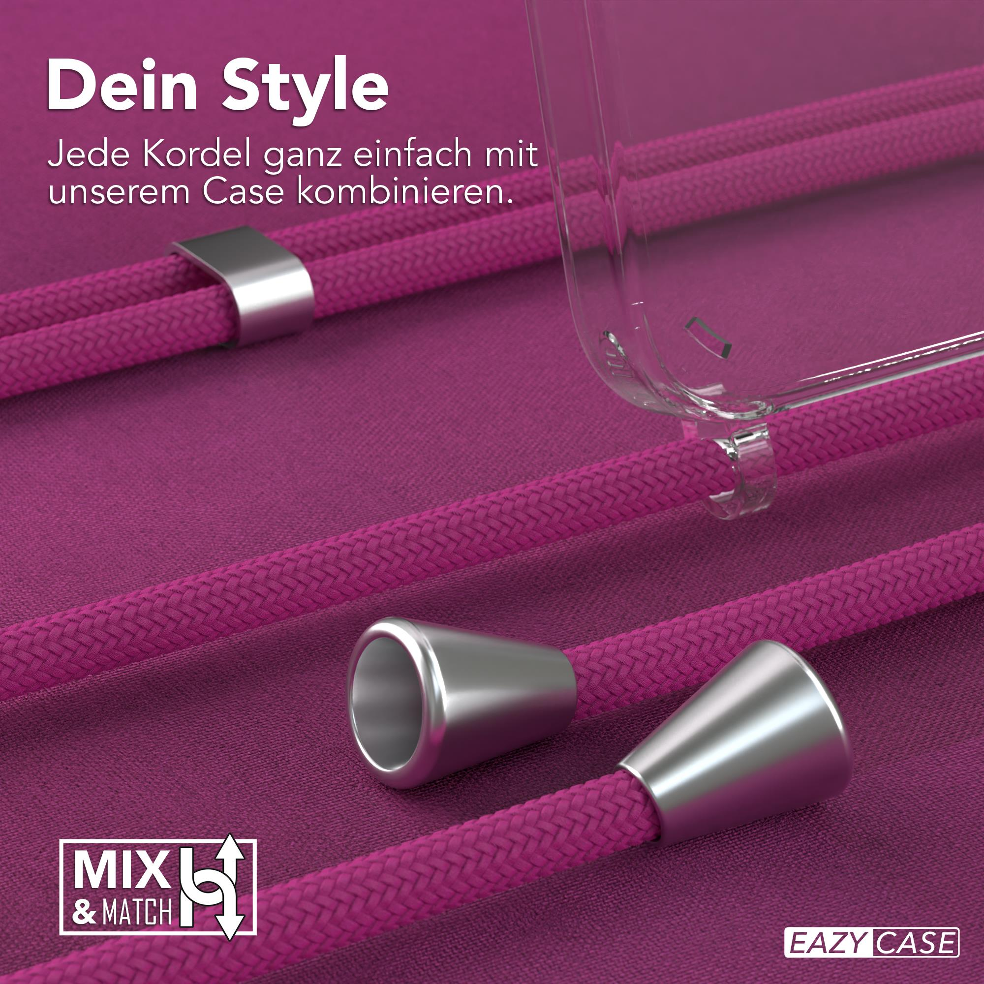 Nahaufnahme von rosa Schnüren. Eine transparente Handyhülle und silberne Metallteile sind im Bild.