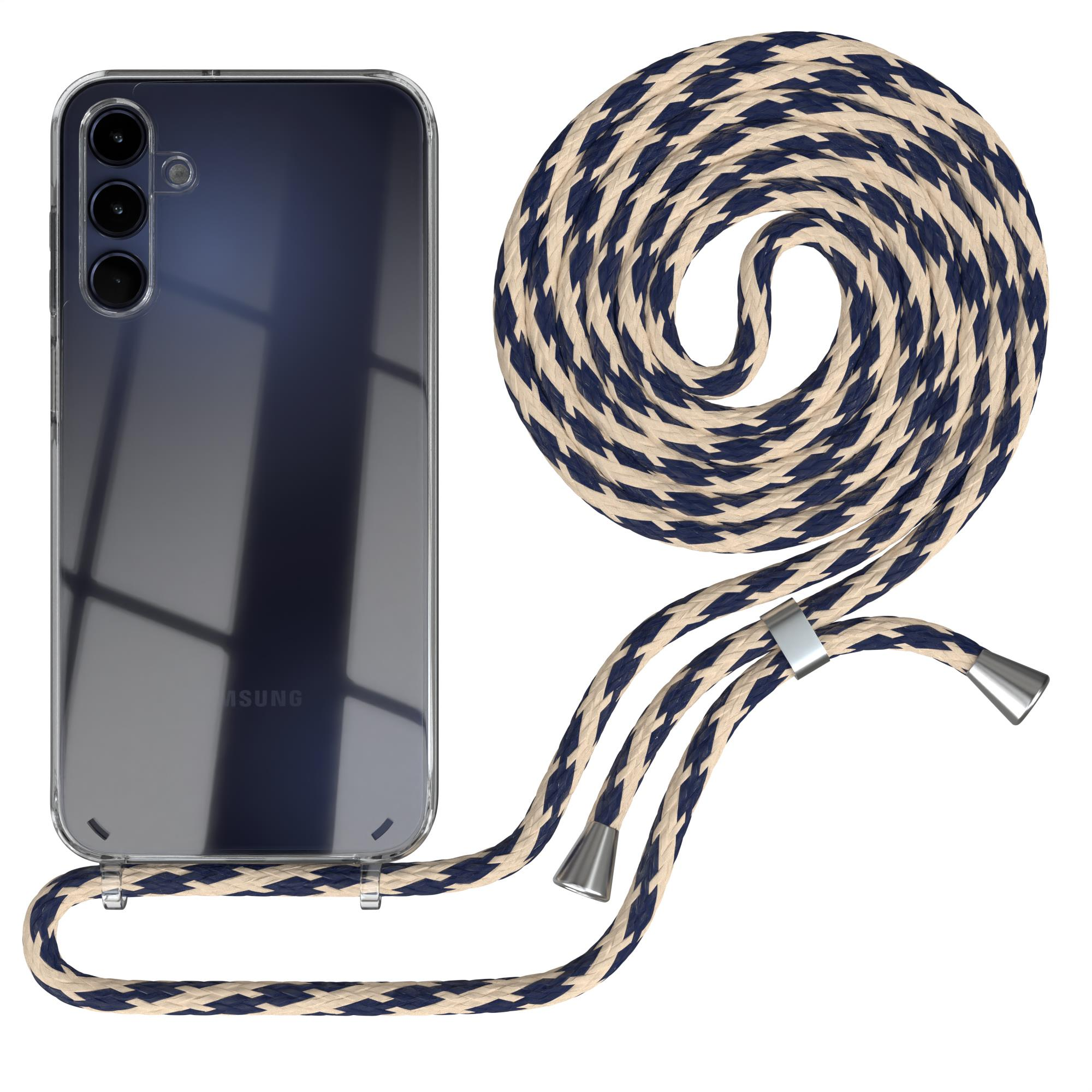 Smartphone mit klarer Hülle und geflochtenem Band in Beige und Blau.