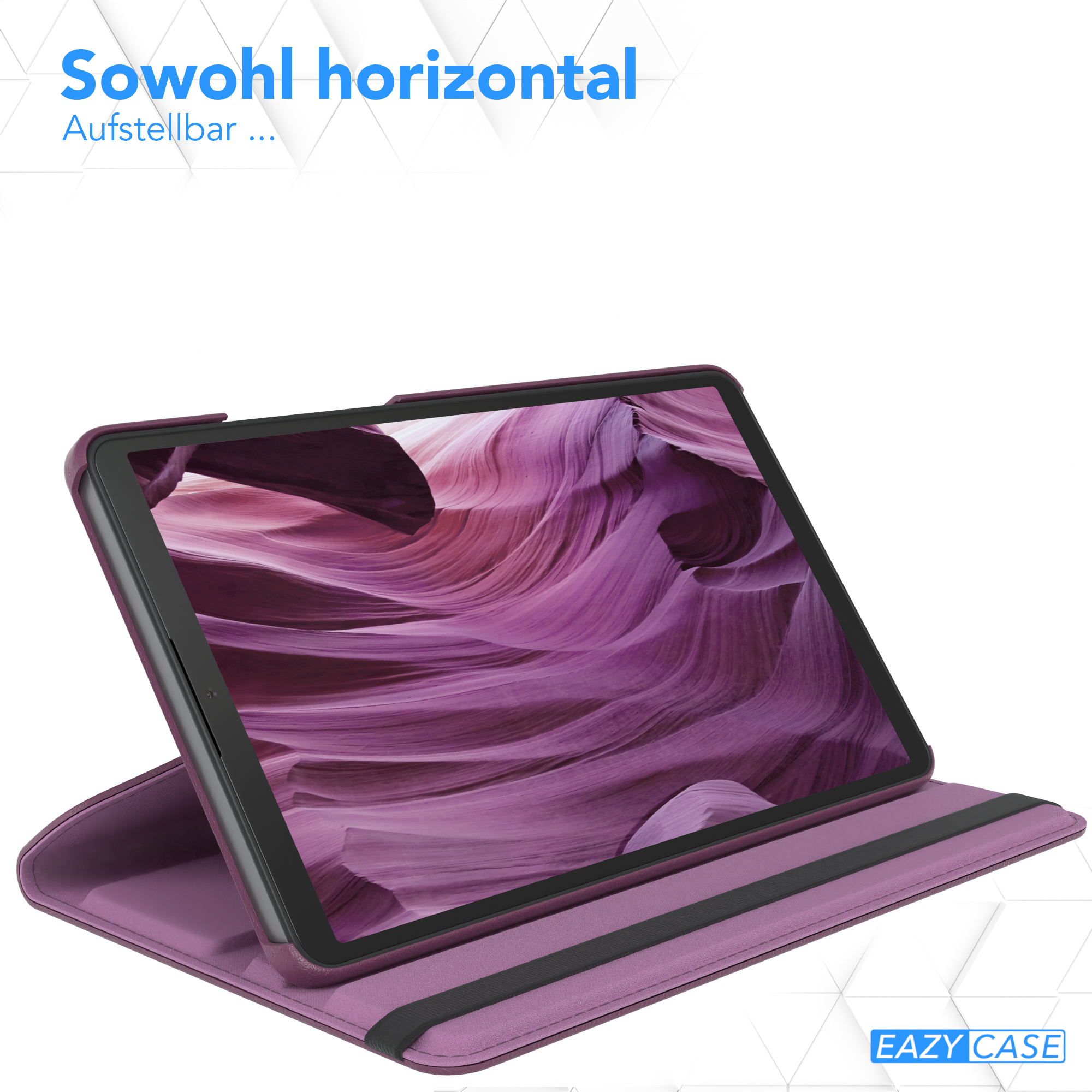 Ein Tablet in einer lila Hülle, offen und angewinkelt, mit deutschem Text.