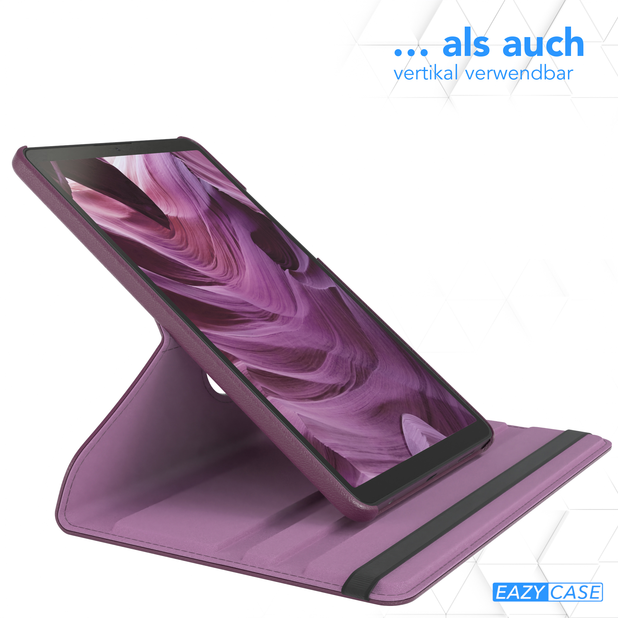 Lila Tablet-Hülle im Standmodus. Tablet-Bildschirm sichtbar. EAZY CASE Logo unten.