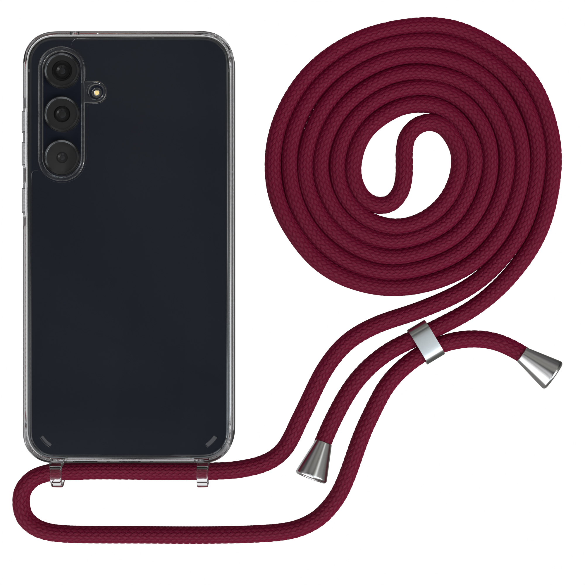 Transparente Handyhülle mit bordeauxrotem Kordelband. Telefon in der Hülle. Kordel auf weißem Grund.