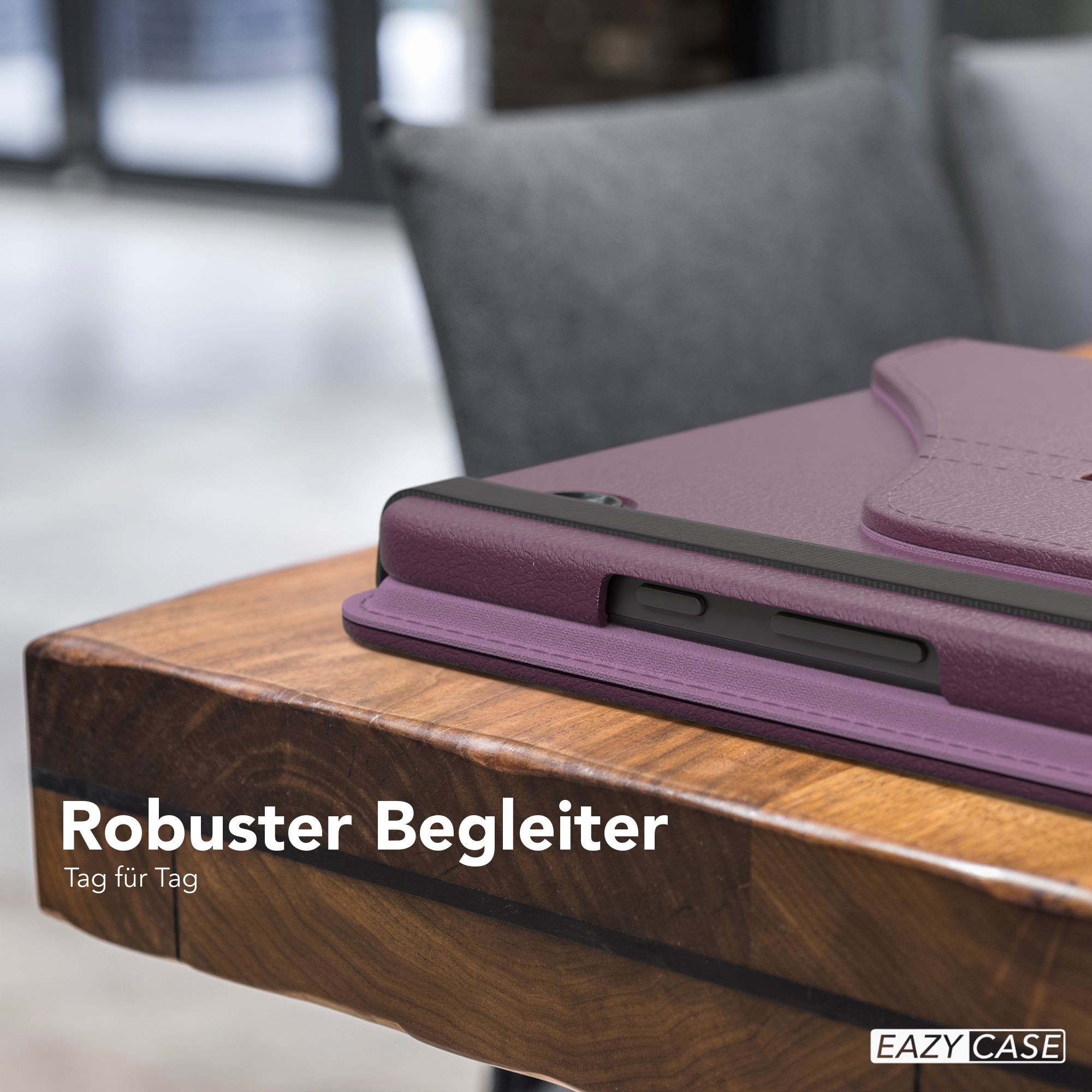 Eine lila Tablethülle auf einem Holztisch. Der Text lautet 'Robuster Begleiter' auf Deutsch.