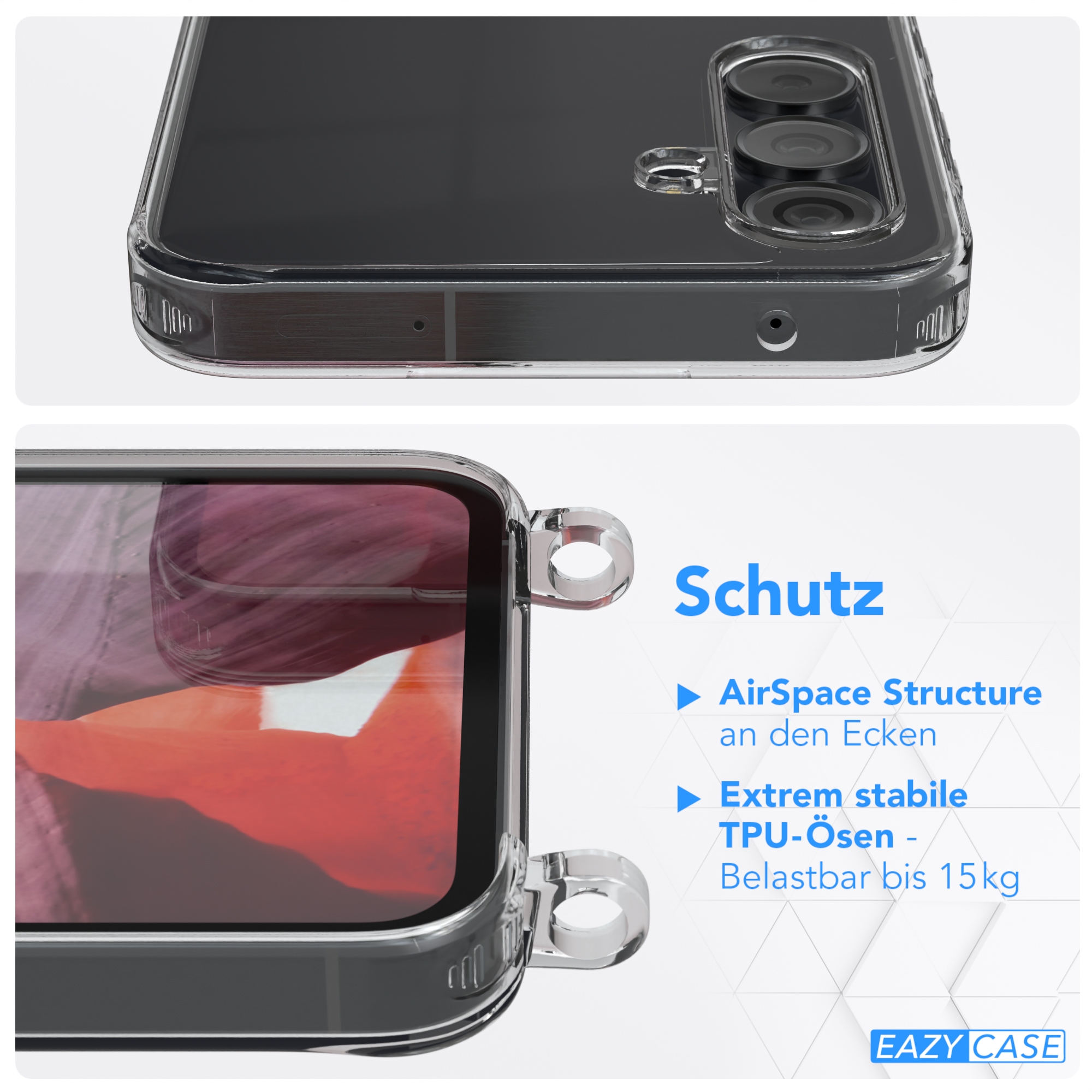 Eine transparente Handyhülle mit einem Telefon. Text: 'AirSpace Structure', 'TPU-Osen'. Weißer Hintergrund.
