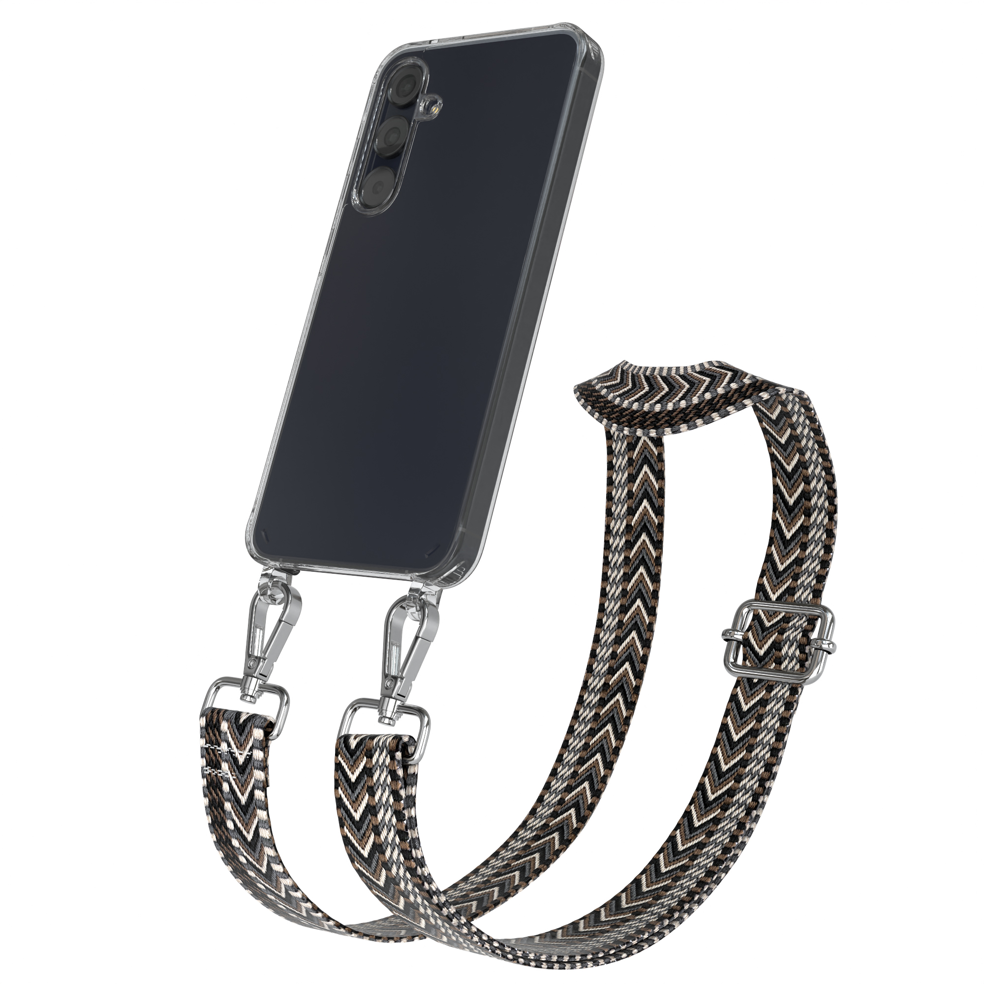 Ein schwarzes Telefon in einer transparenten Hülle mit einem farbenfrohen, gemusterten Gurt. Der Gurt ist zickzackförmig.