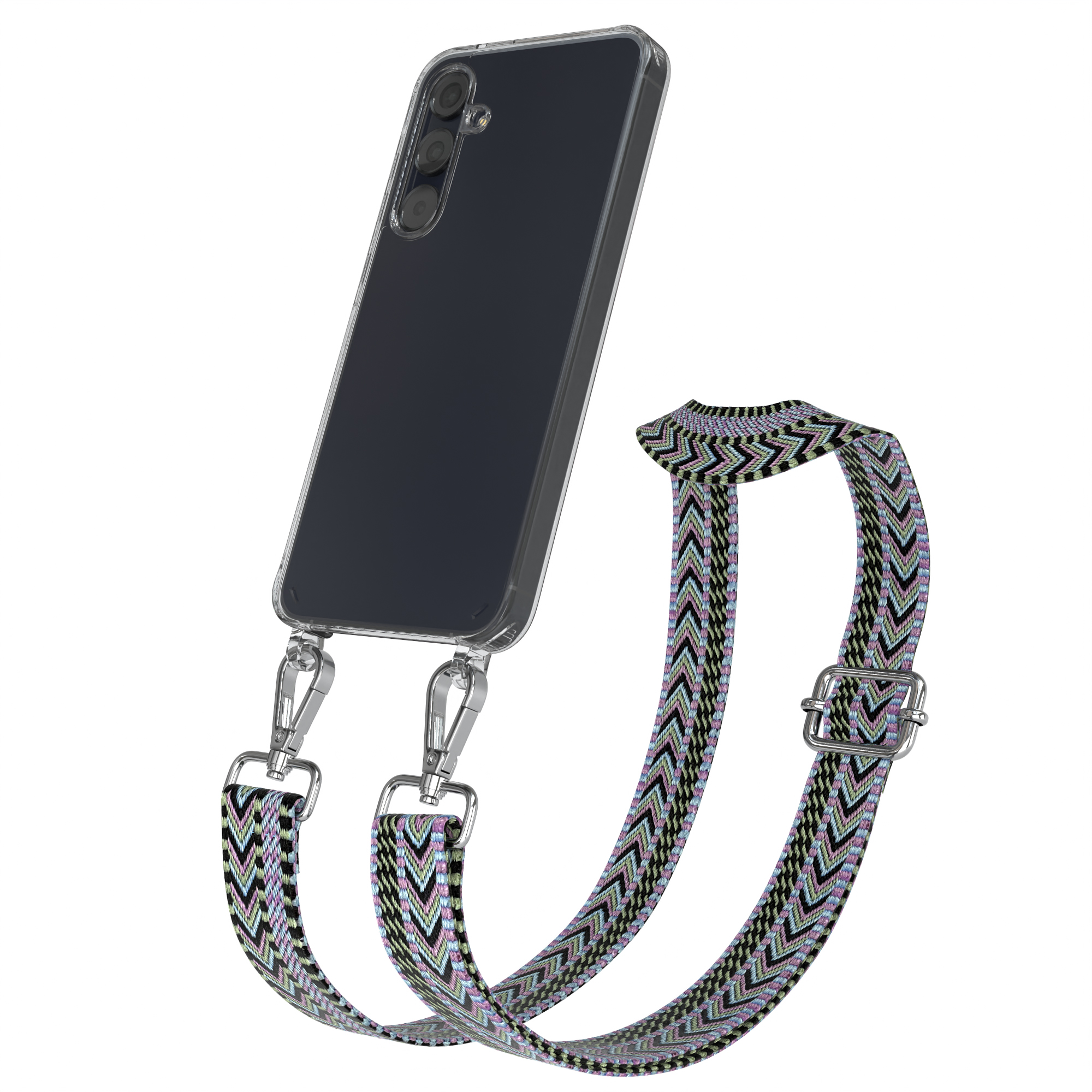 Transparente Handyhülle mit schwarzem Telefon. Ein Riemen mit Zickzackmuster ist mit der Hülle verbunden.