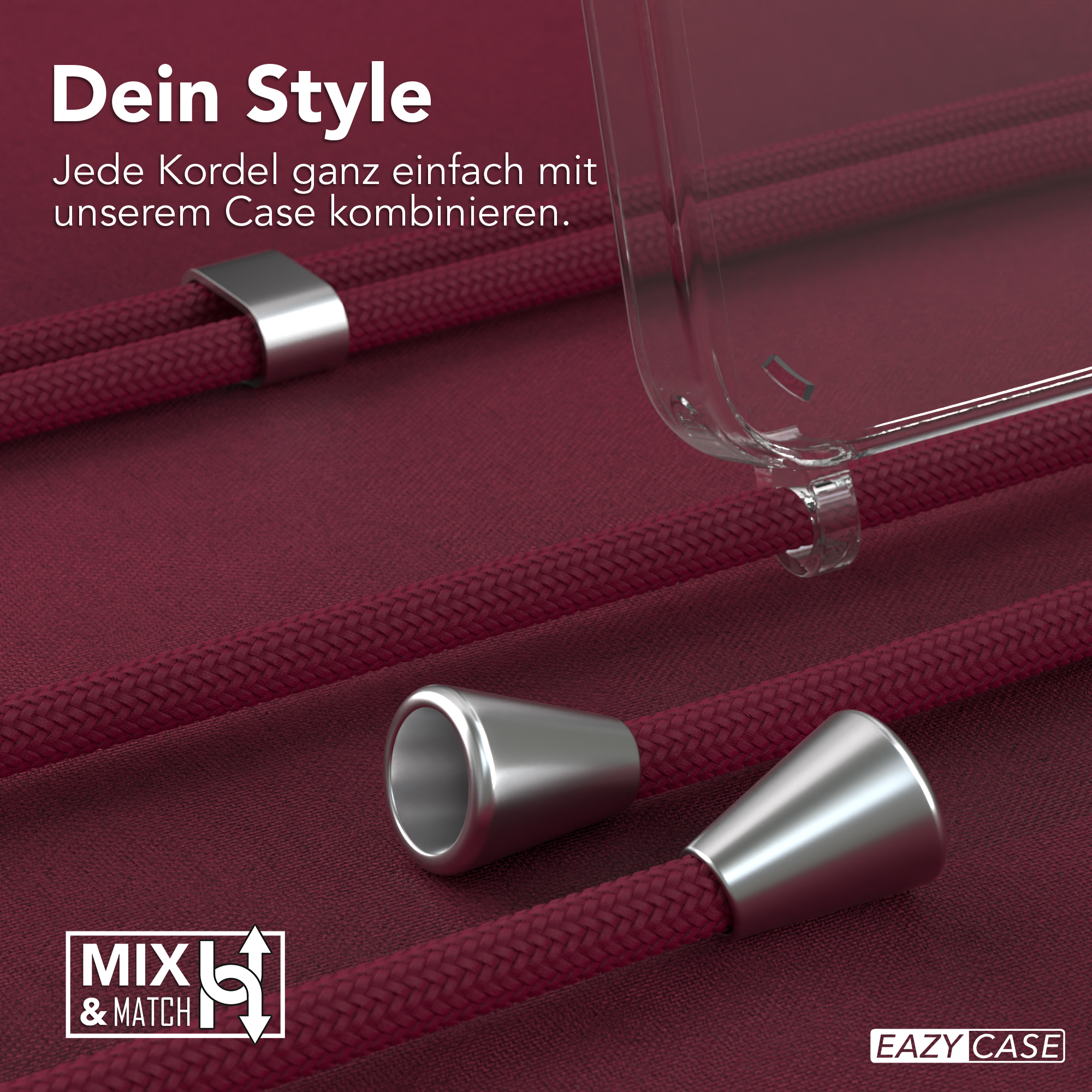 Nahaufnahme von Kordeln mit Metallverschlüssen und einer durchsichtigen Handyhülle.