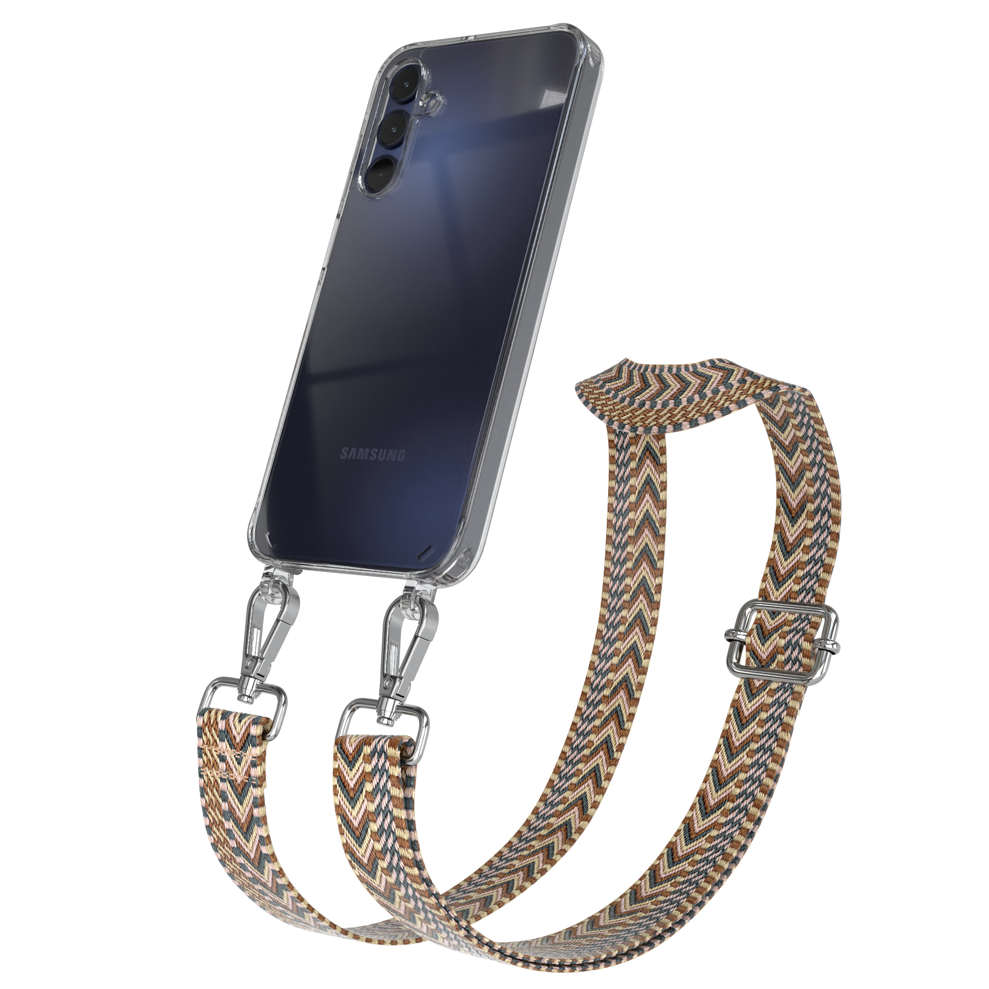 Transparente Handyhülle mit buntem Riemen. Das Telefon ist sichtbar. Weißer Hintergrund.