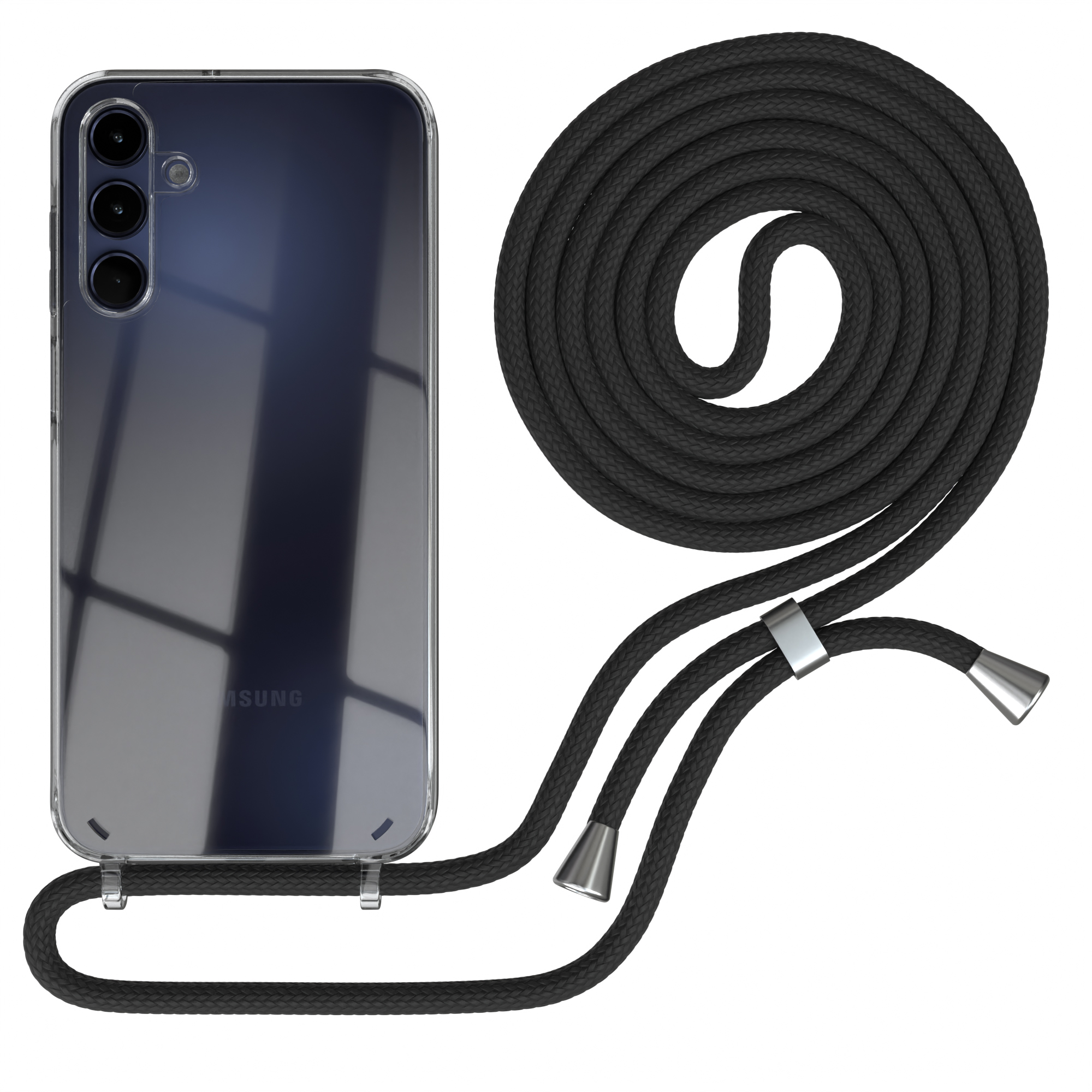Transparente Handyhülle mit schwarzem Kordel. Telefon ist sichtbar. Weißer Hintergrund.