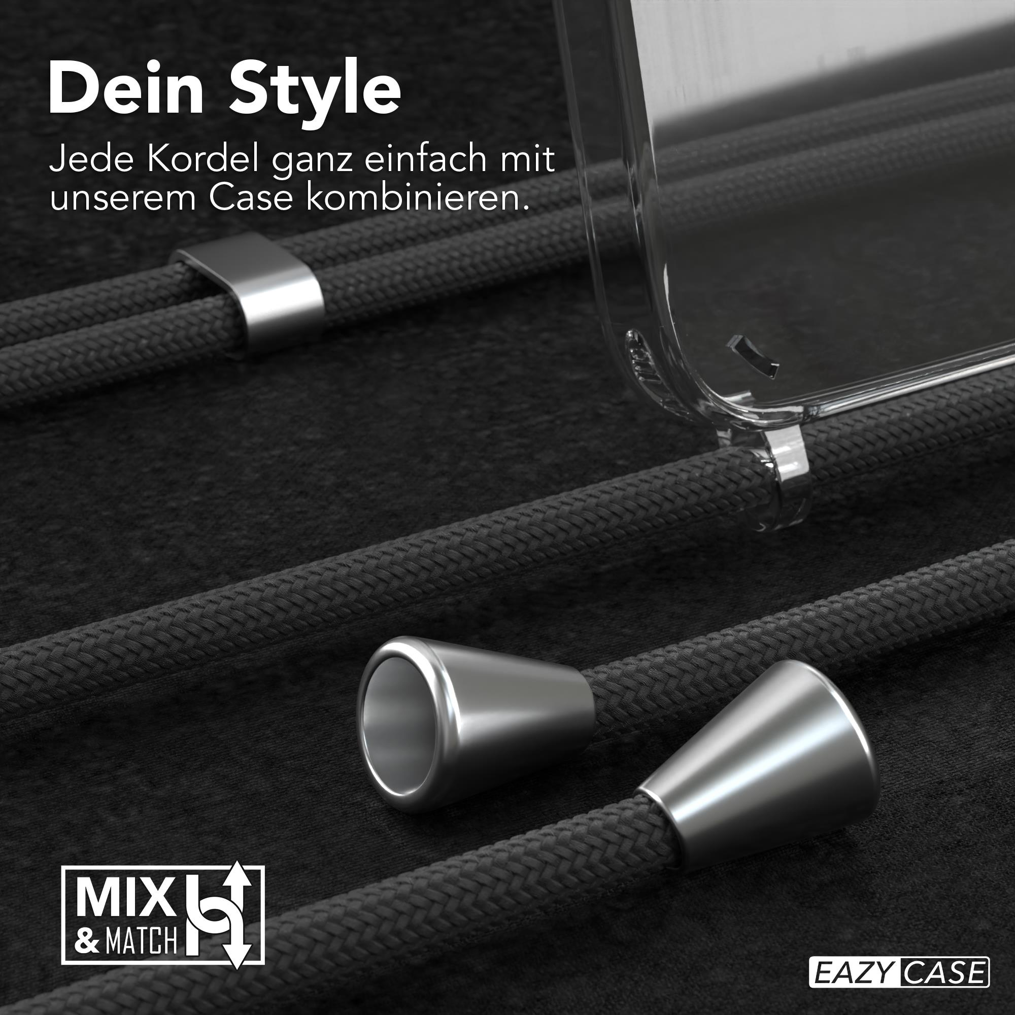 Nahaufnahme von schwarzen Handyschnüren mit silbernen Akzenten und einer durchsichtigen Handyhülle.