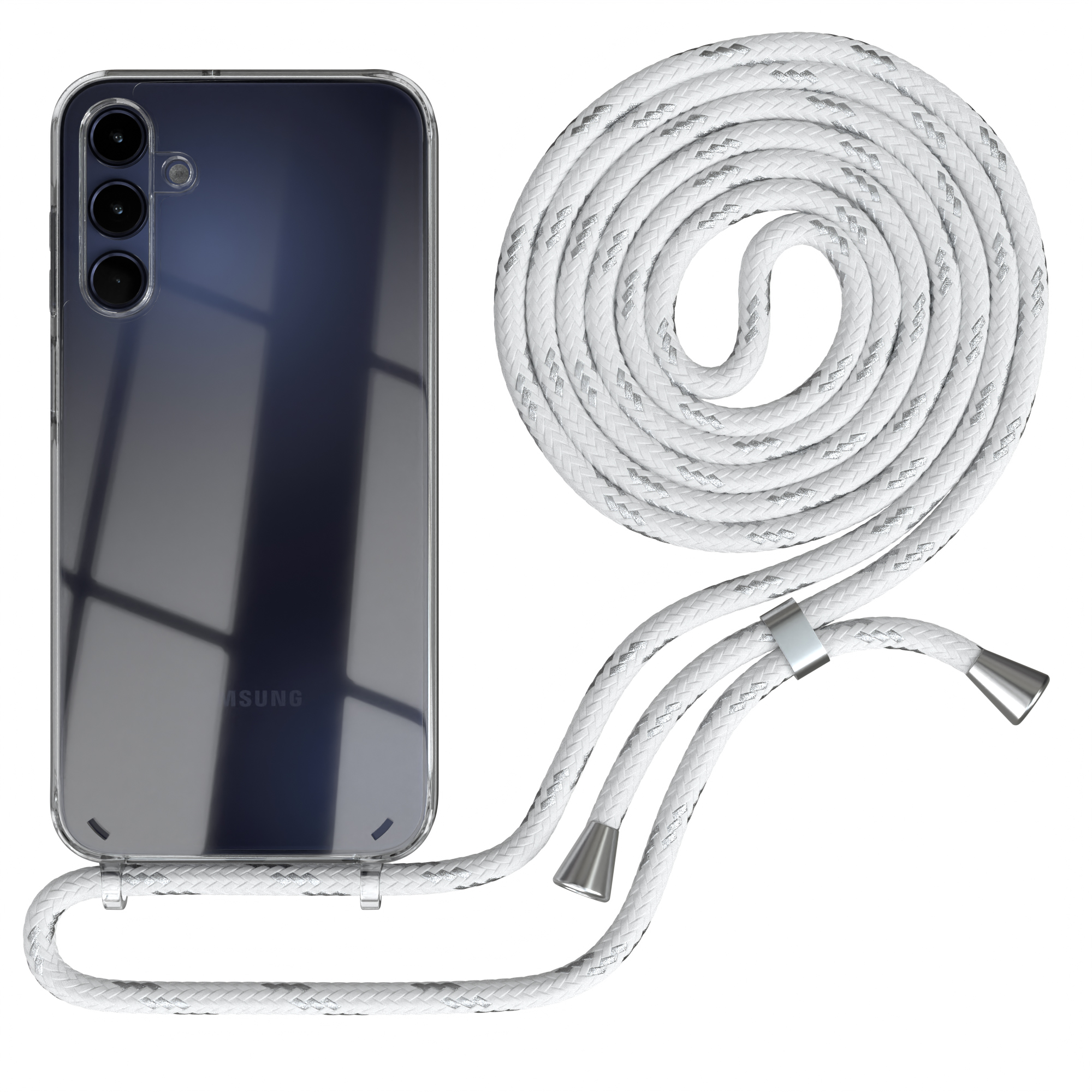 Transparente Handyhülle mit schwarzem Telefon und weißem Seilriemen. Der Riemen ist gewickelt.
