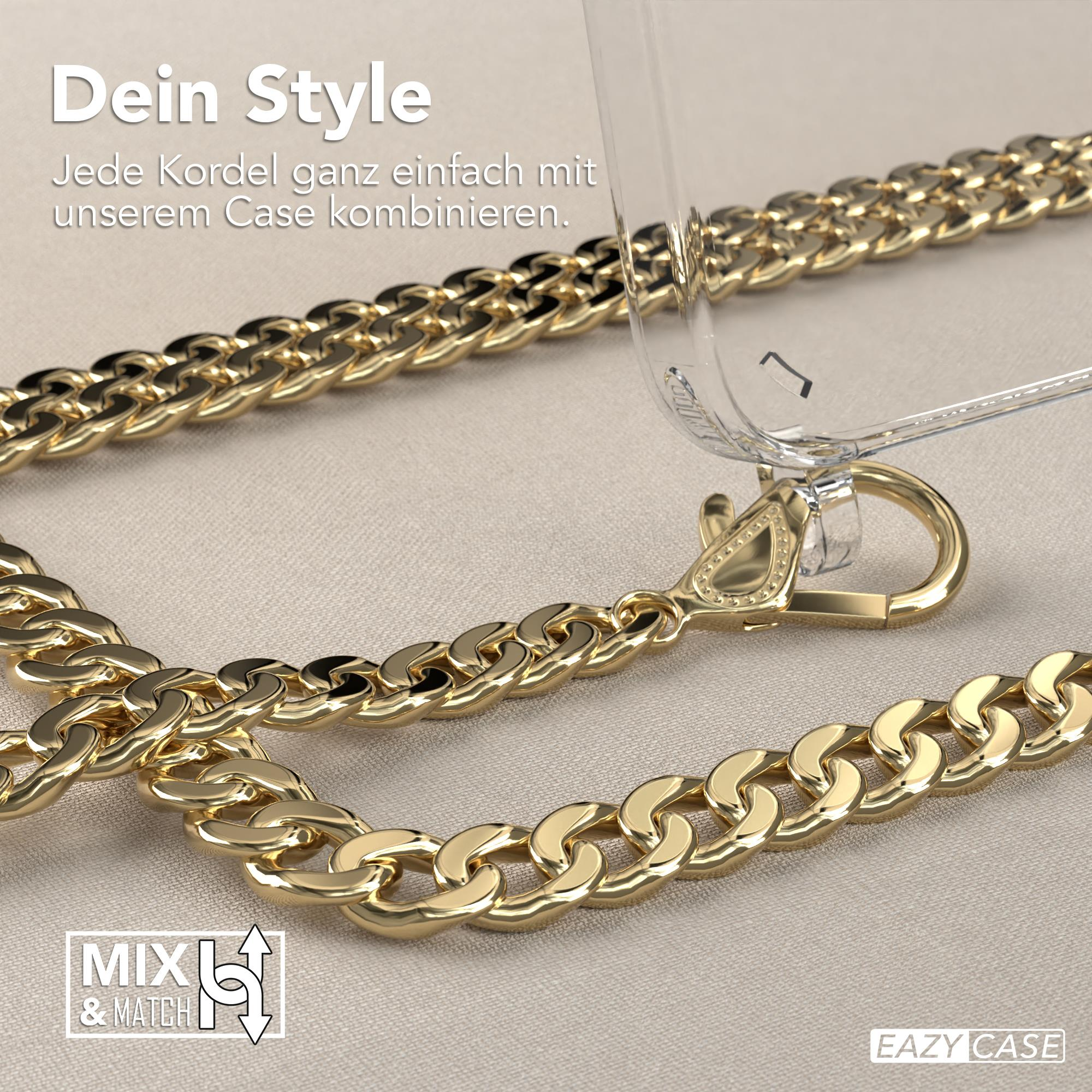 Goldkette und transparente Handyhülle mit Goldverschluss. Text: Dein Style, Mix & Match, Eazy Case.