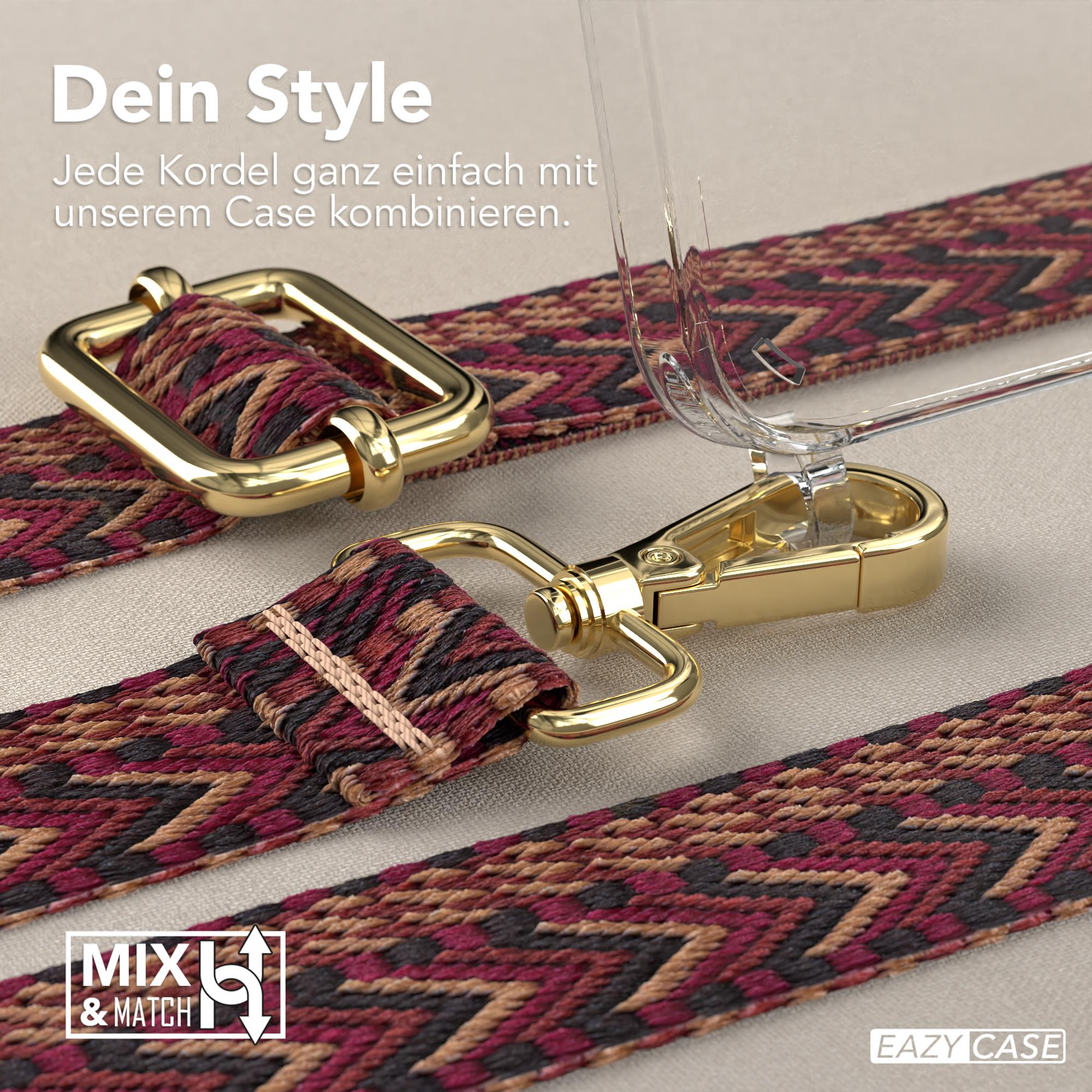 Handyhülle mit Trageriemen, goldene Elemente und Details des Riemens.