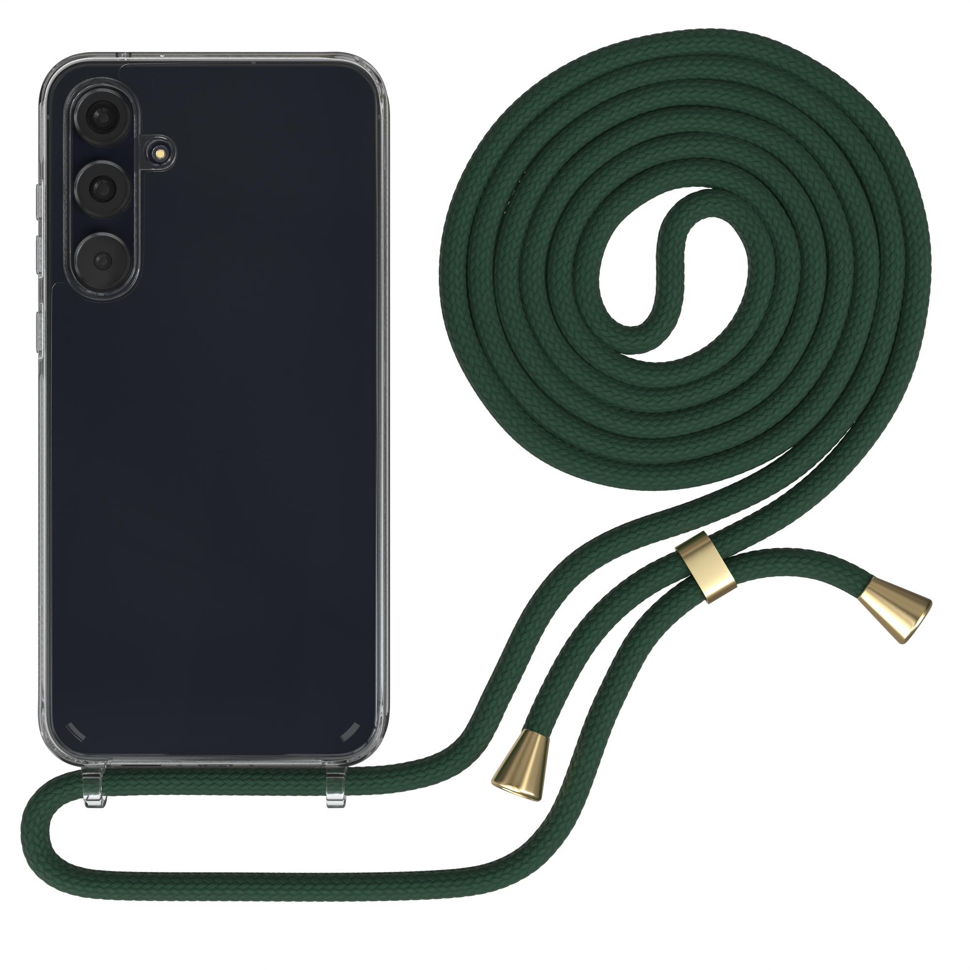 Schwarzes Telefon mit grünem Riemen. Telefon in einer durchsichtigen Hülle.