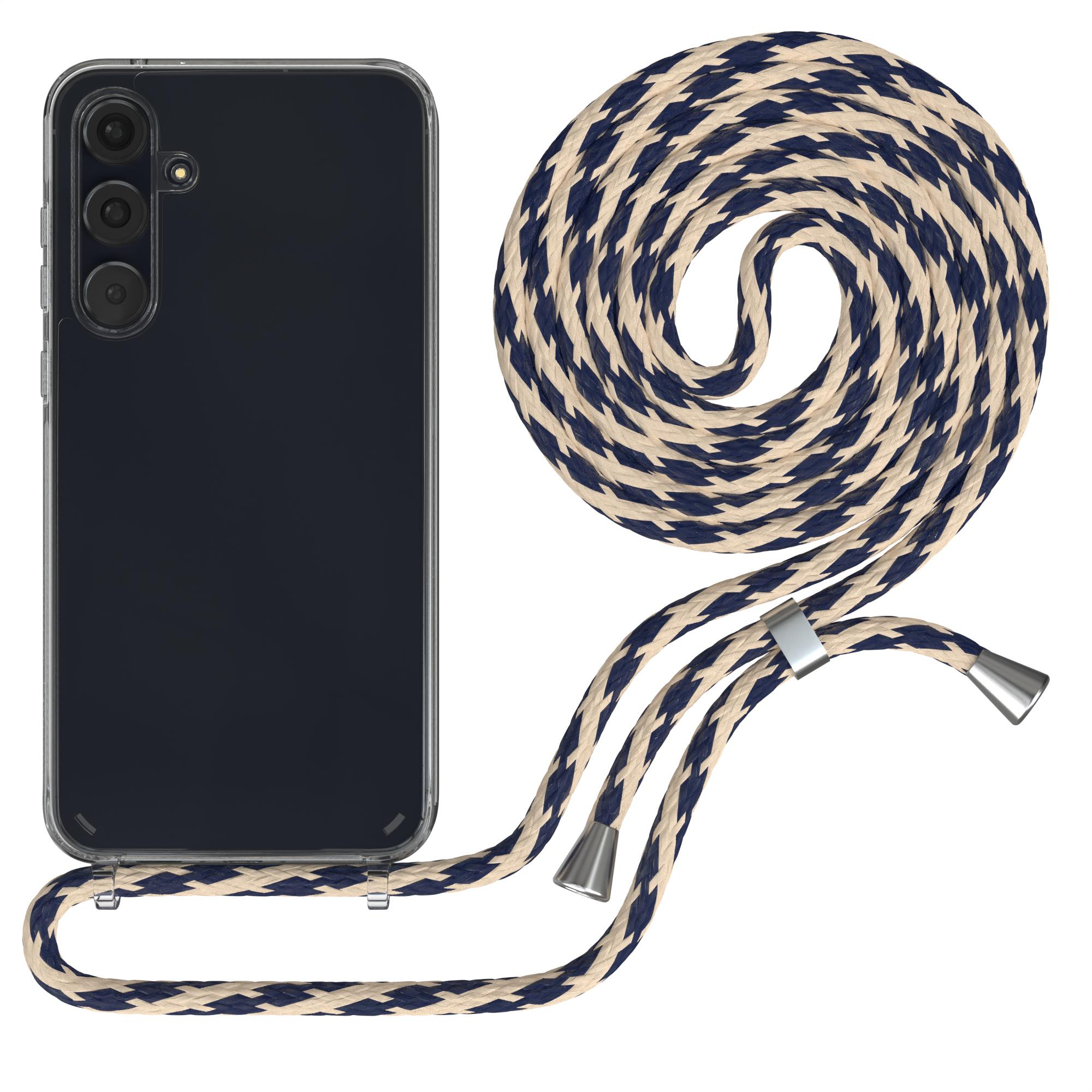 Dunkles Telefon mit transparentem Gehäuse und cremefarbenem und marineblauem geflochtenem Band.