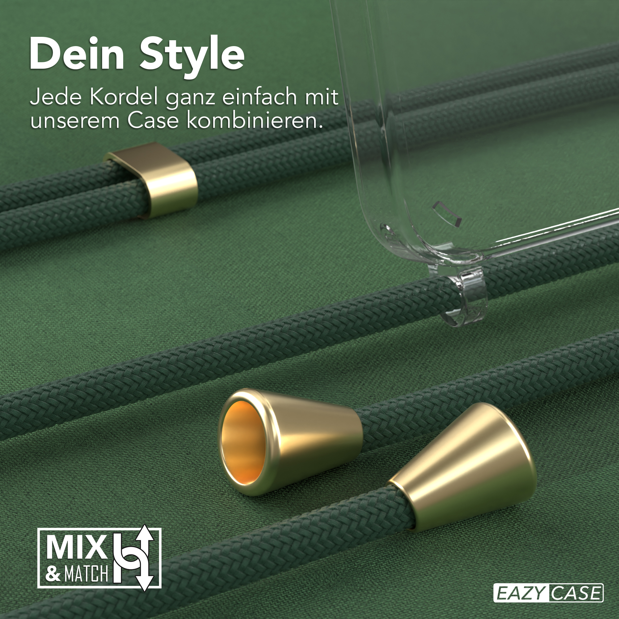 Nahaufnahme einer Handyhülle mit grüner Kordel und goldenen Akzenten. Der Hintergrund ist grün.