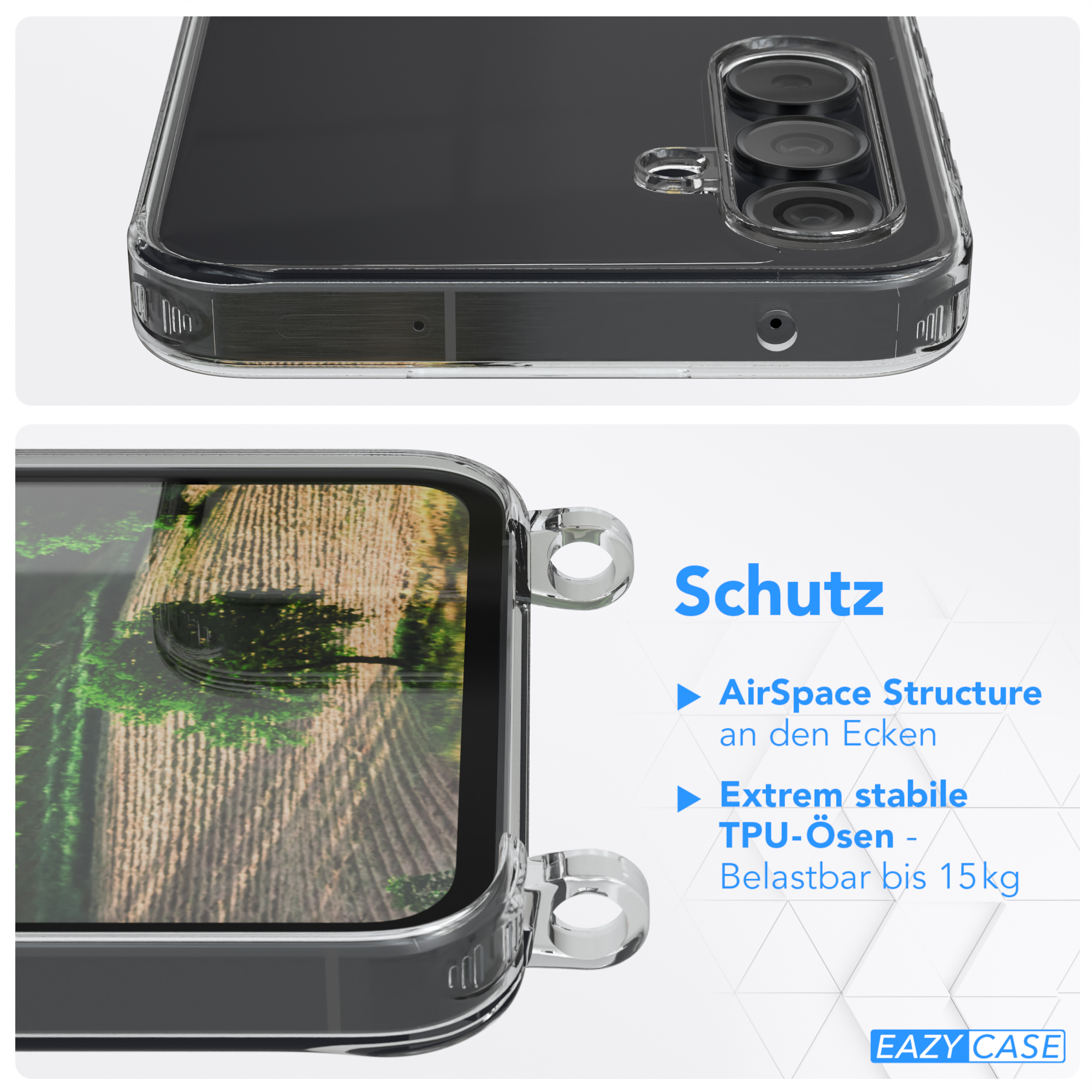 Nahaufnahme einer Handyhülle mit transparentem Gehäuse und klarem Design, mit Text 'Schutz'.