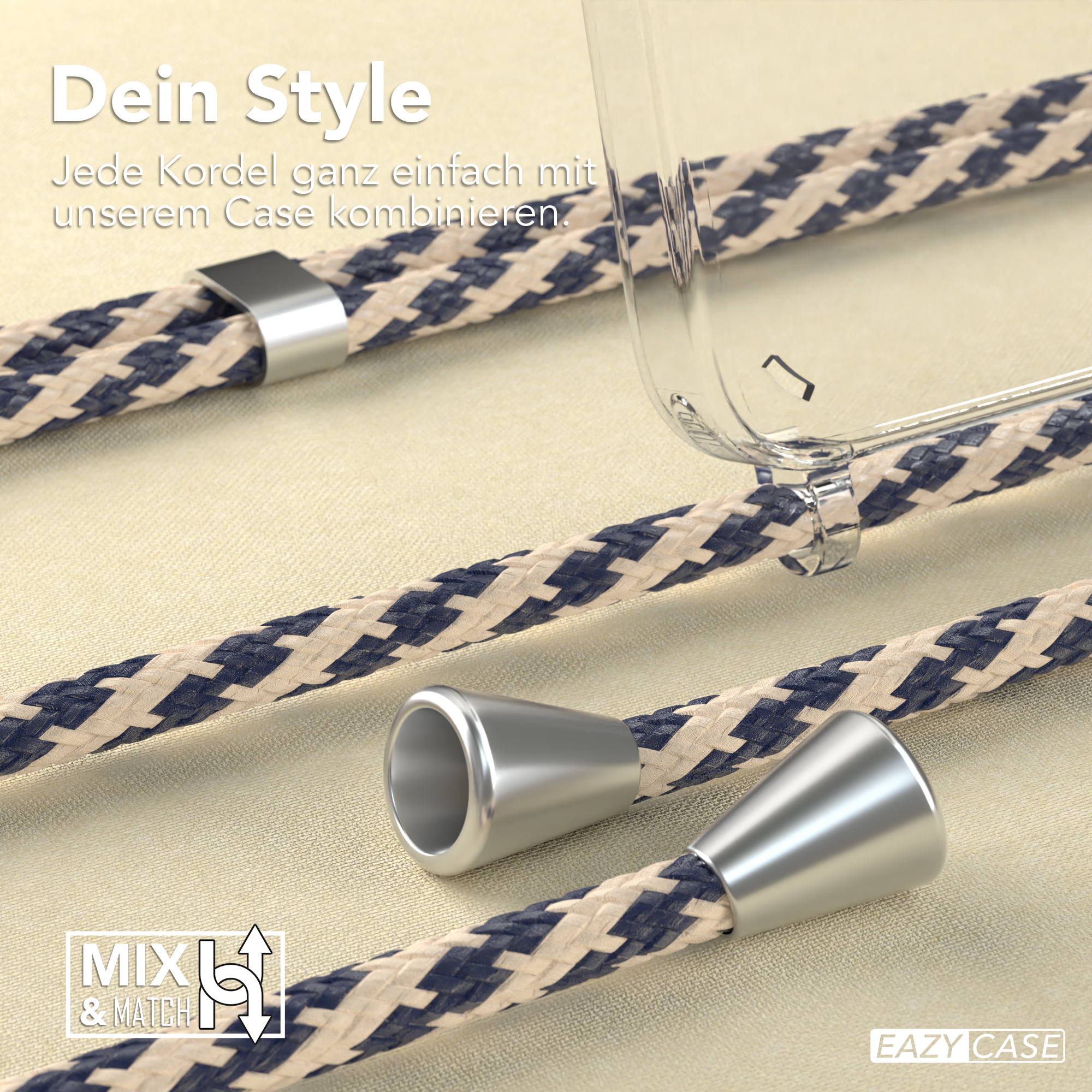 Nahaufnahme einer Handyhülle mit geflochtener Kordel, mit dem Text 'Dein Style'.