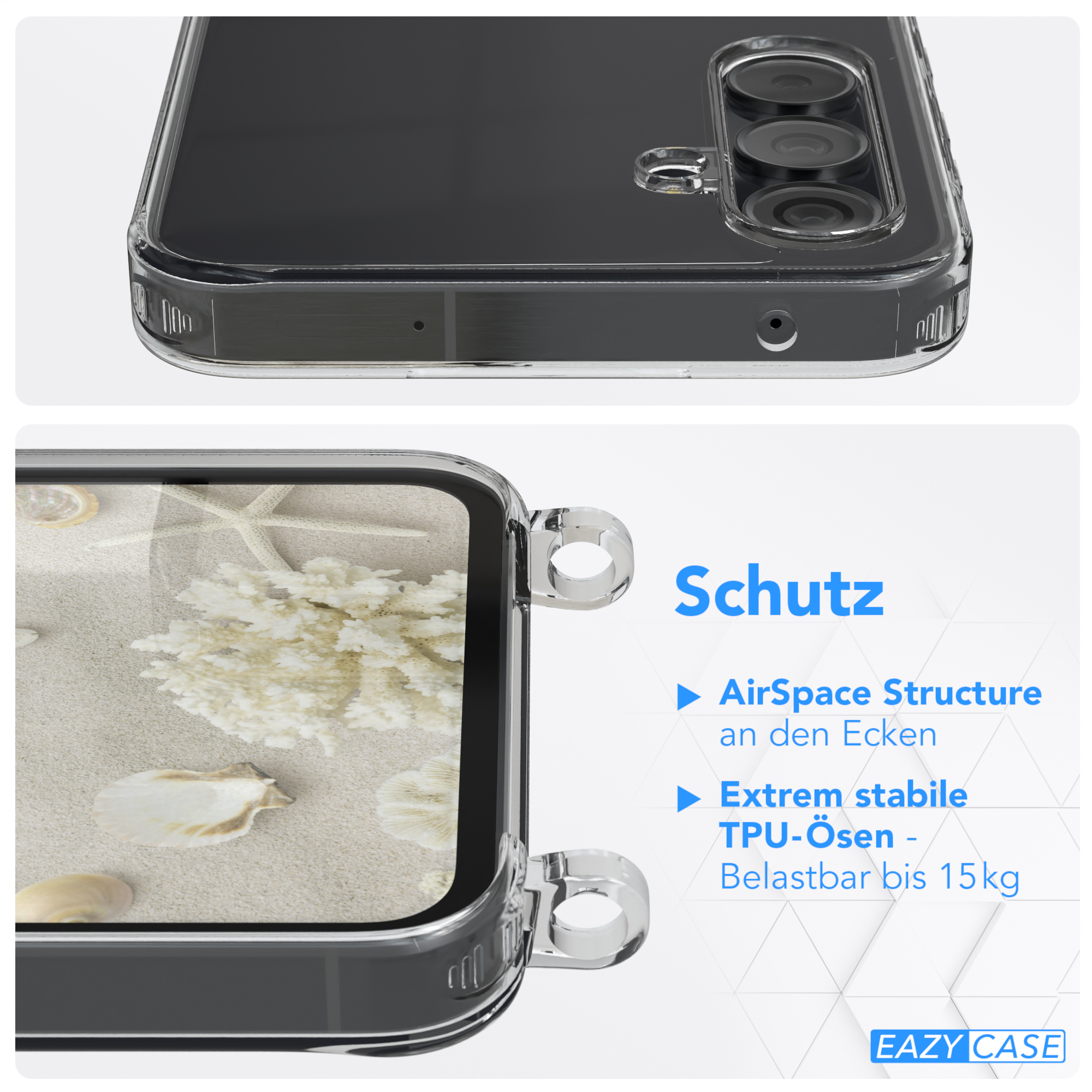 Nahaufnahme einer Handyhülle mit Sand- und Muscheldesign. Text: Schutz, AirSpace Structure, und mehr.