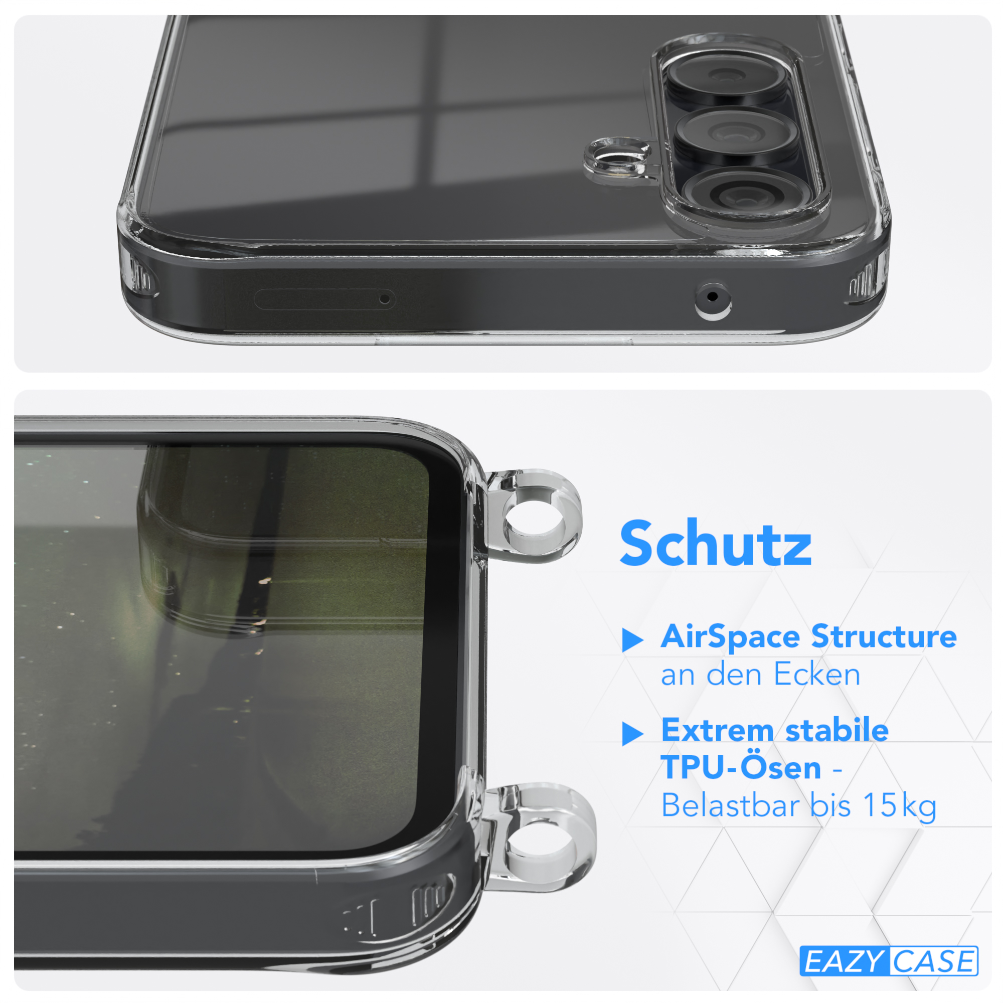 Eine transparente Handyhülle. Text über Schutz: AirSpace Structure, Extrem stabil, und Belastbar bis 15 kg.