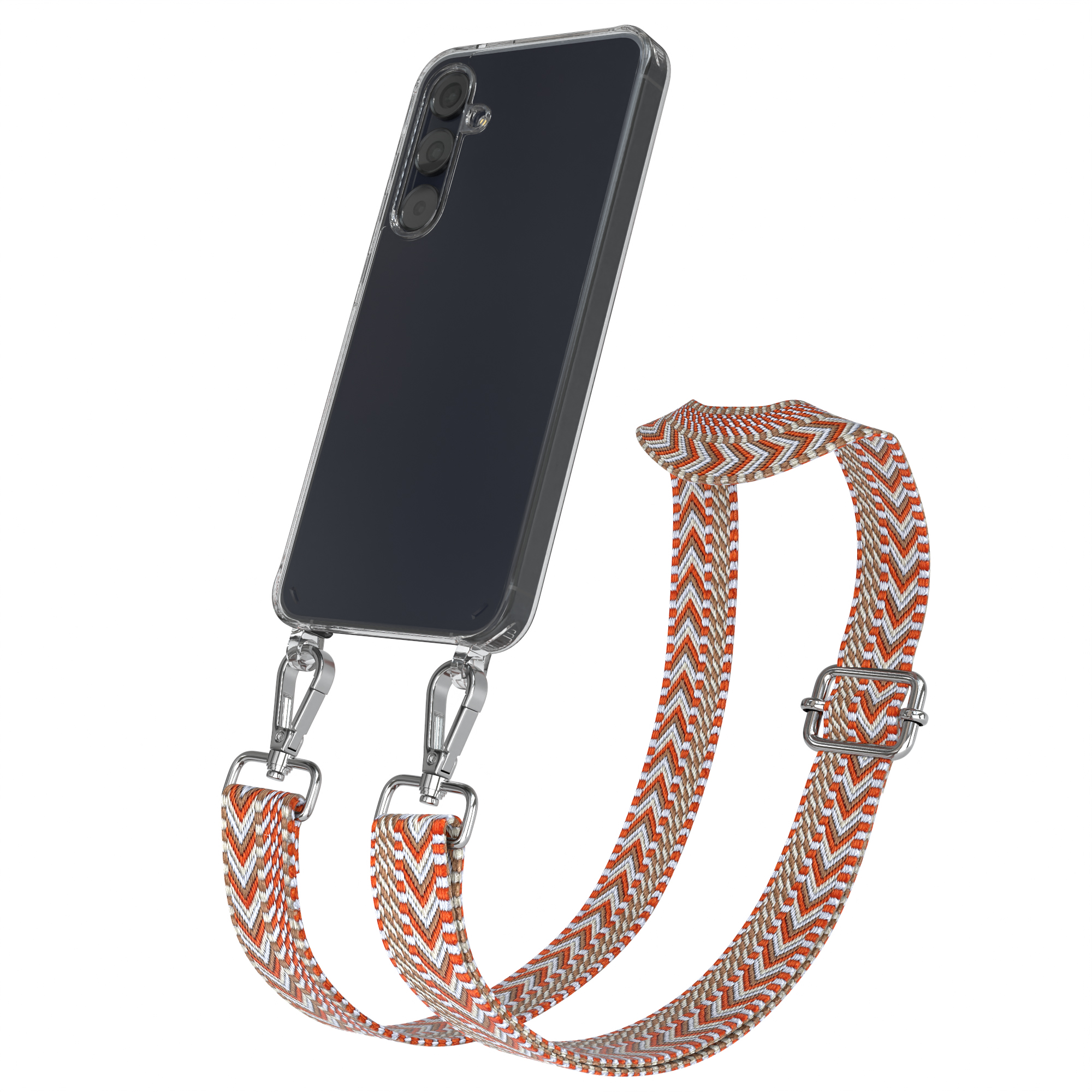 Schwarzes Smartphone in klarer Hülle mit orange-weißem Riemen. Der Riemen hat eine Metallschnalle.