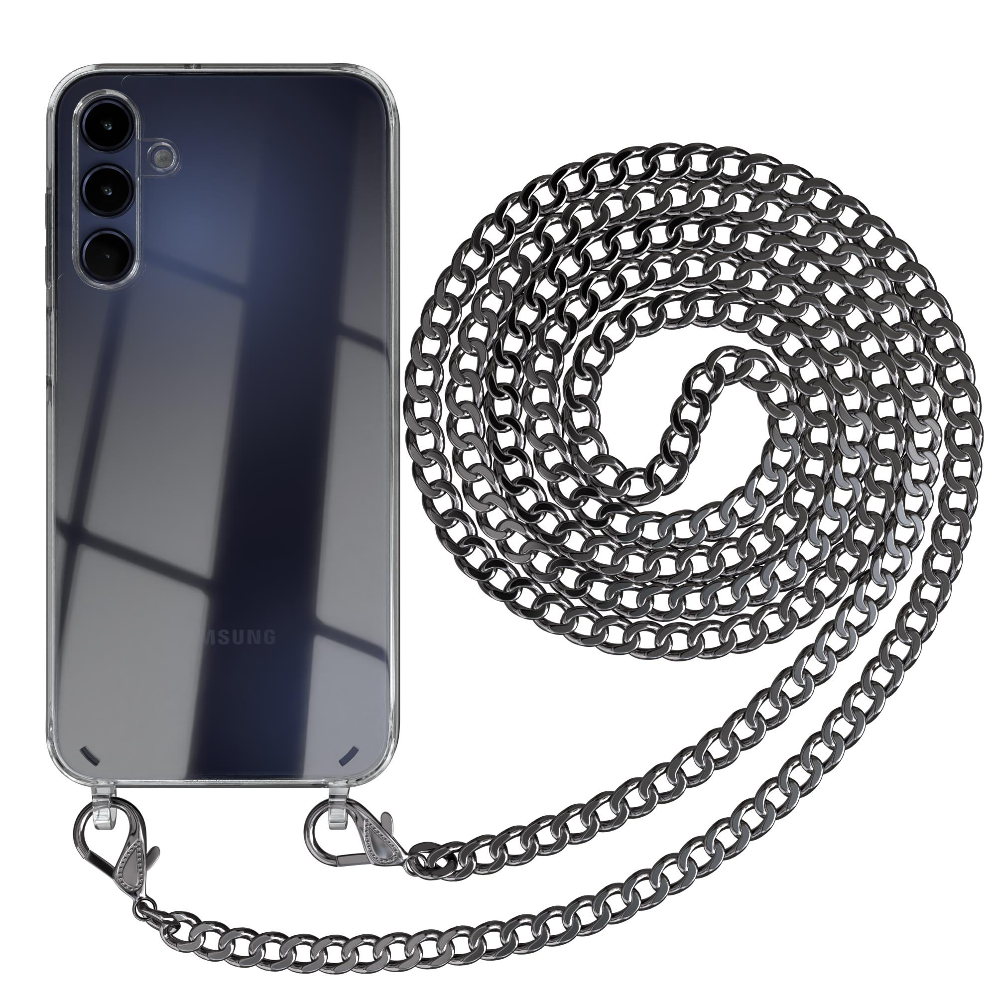 Ein dunkles Telefon mit einer transparenten Hülle und einem silbernen Ketten-Handyband.