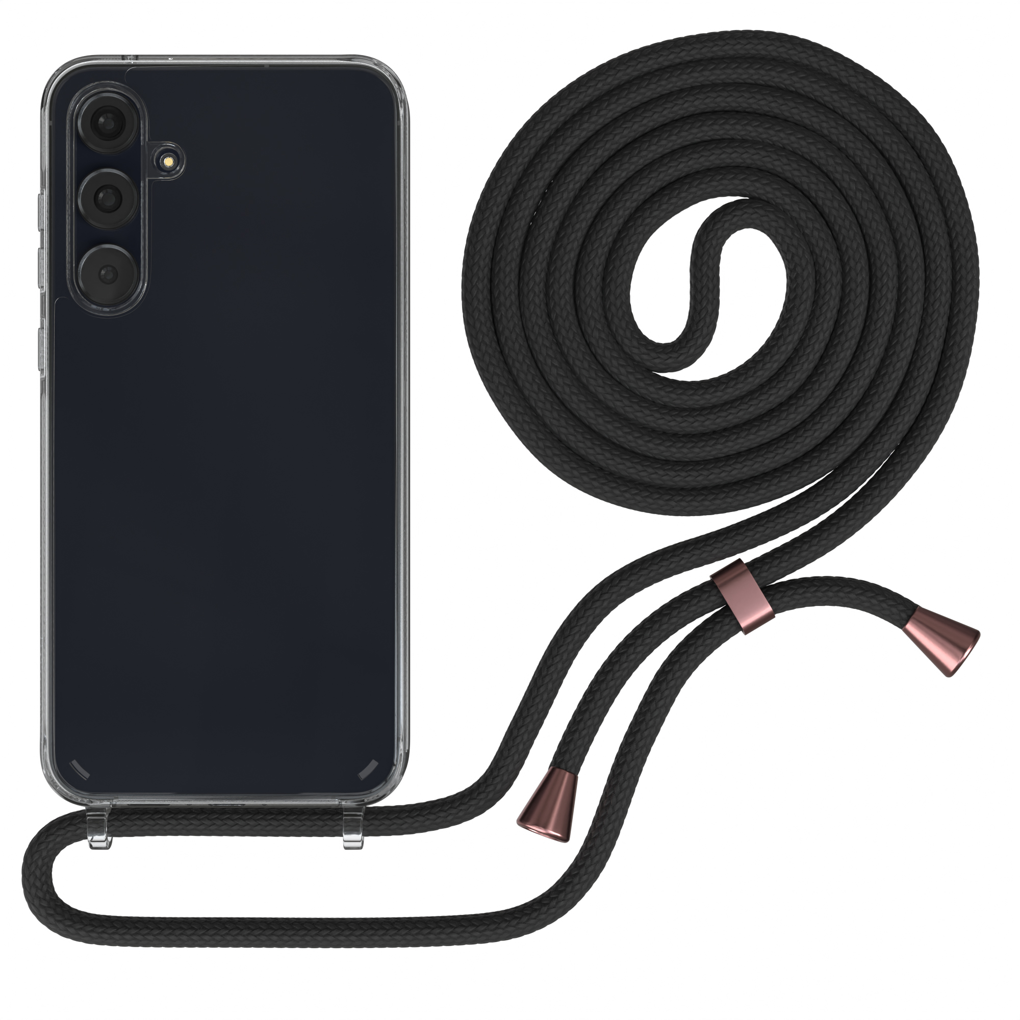 Schwarze Handyhülle mit klarem Rücken, verbunden mit schwarzem Handystrap mit Roségold.