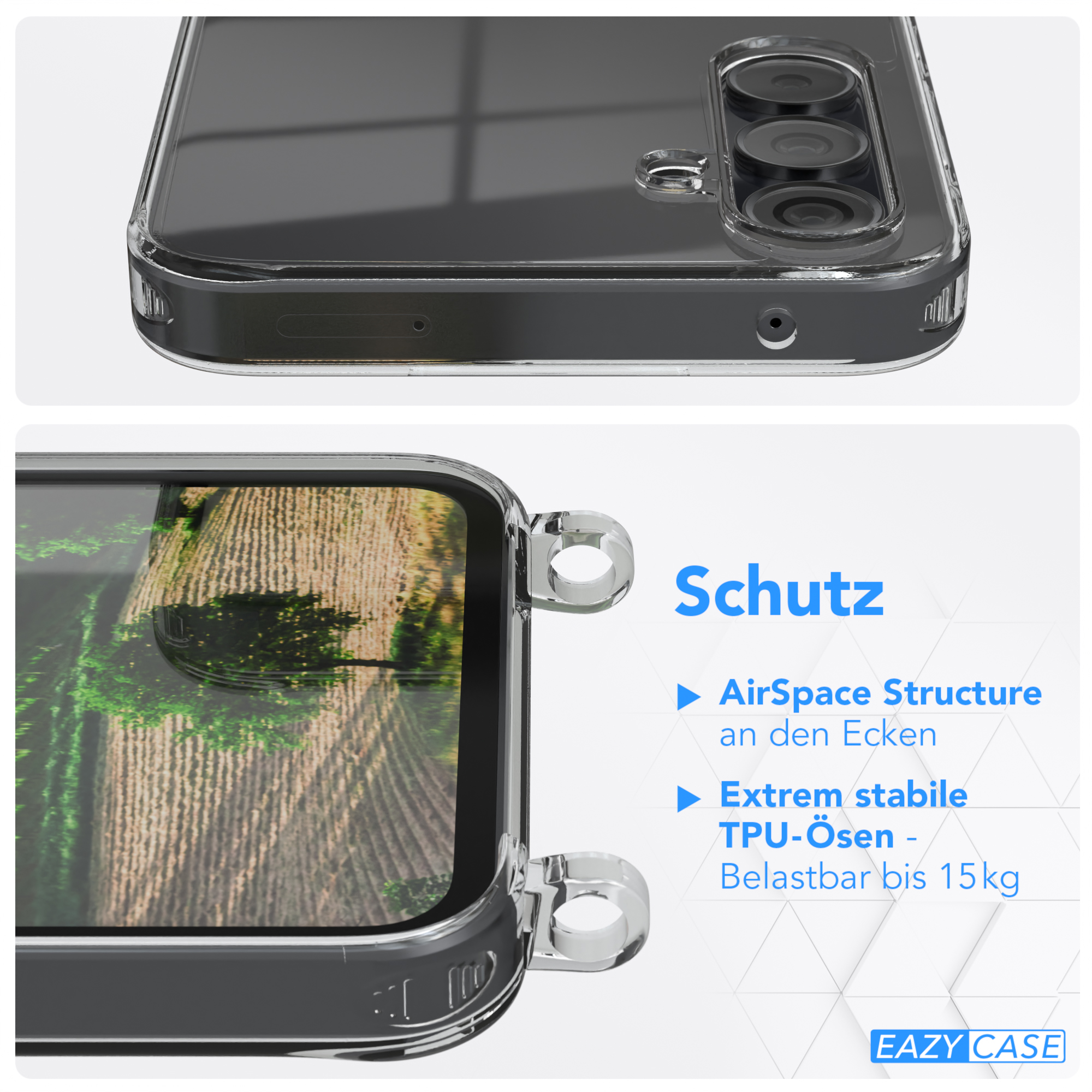 Handyhülle mit transparentem Kunststoff, zeigt die unteren Details des Telefons.