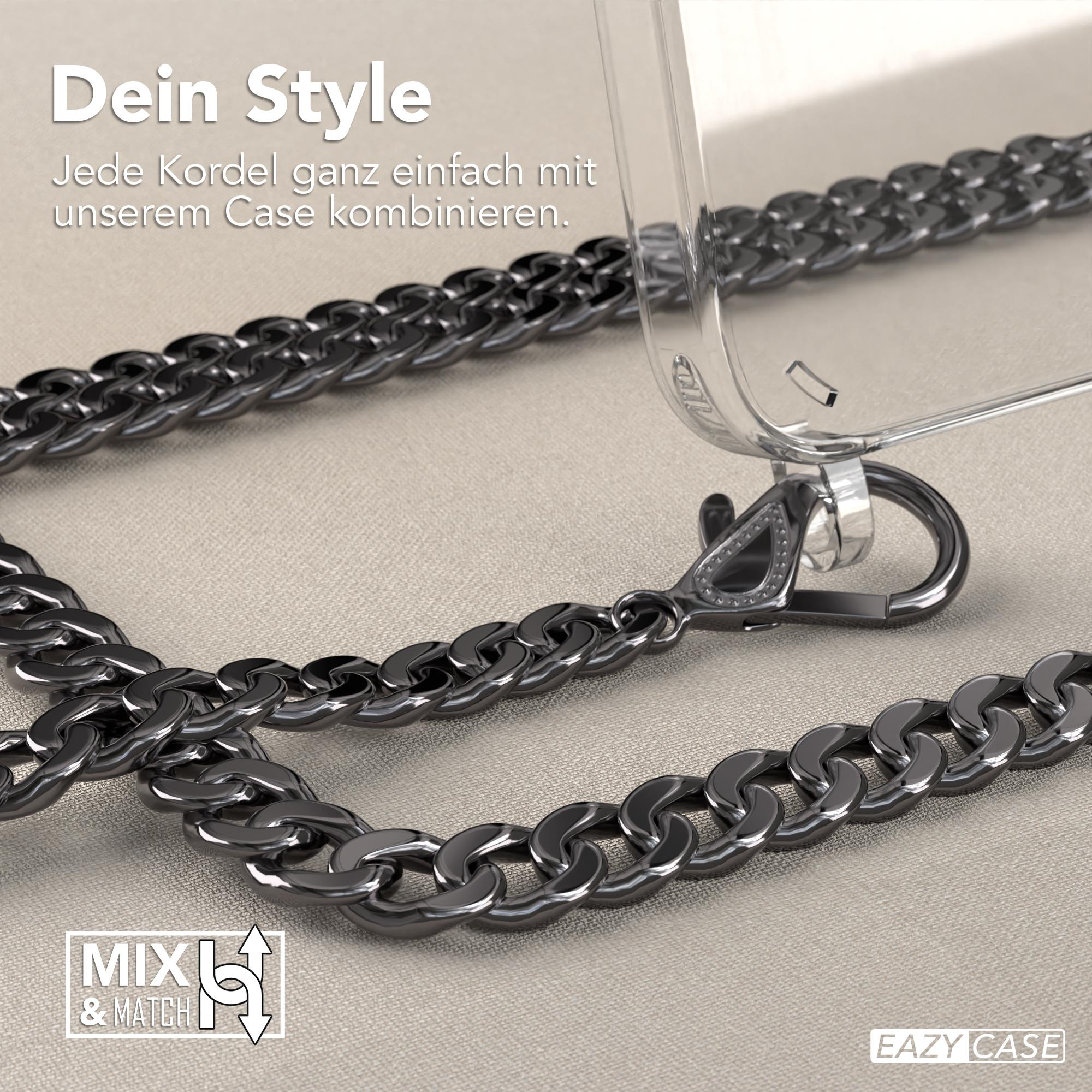 Nahaufnahme einer Handyhülle mit Kette. Die Hülle ist transparent, die Kette dunkelgrau.