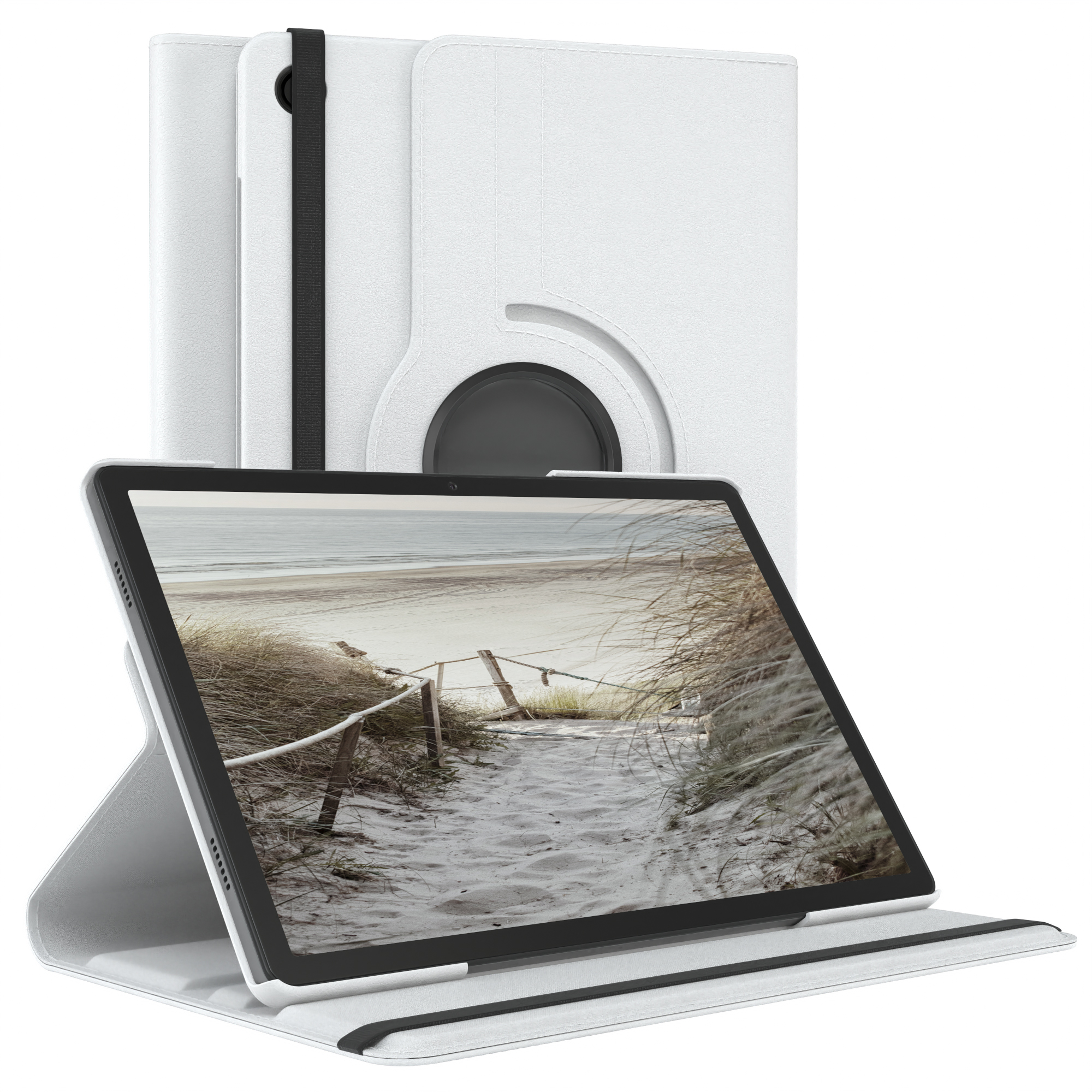 Tablet in weißem Gehäuse, das eine Strandszene zeigt. Zusätzliches Gehäuse dahinter.