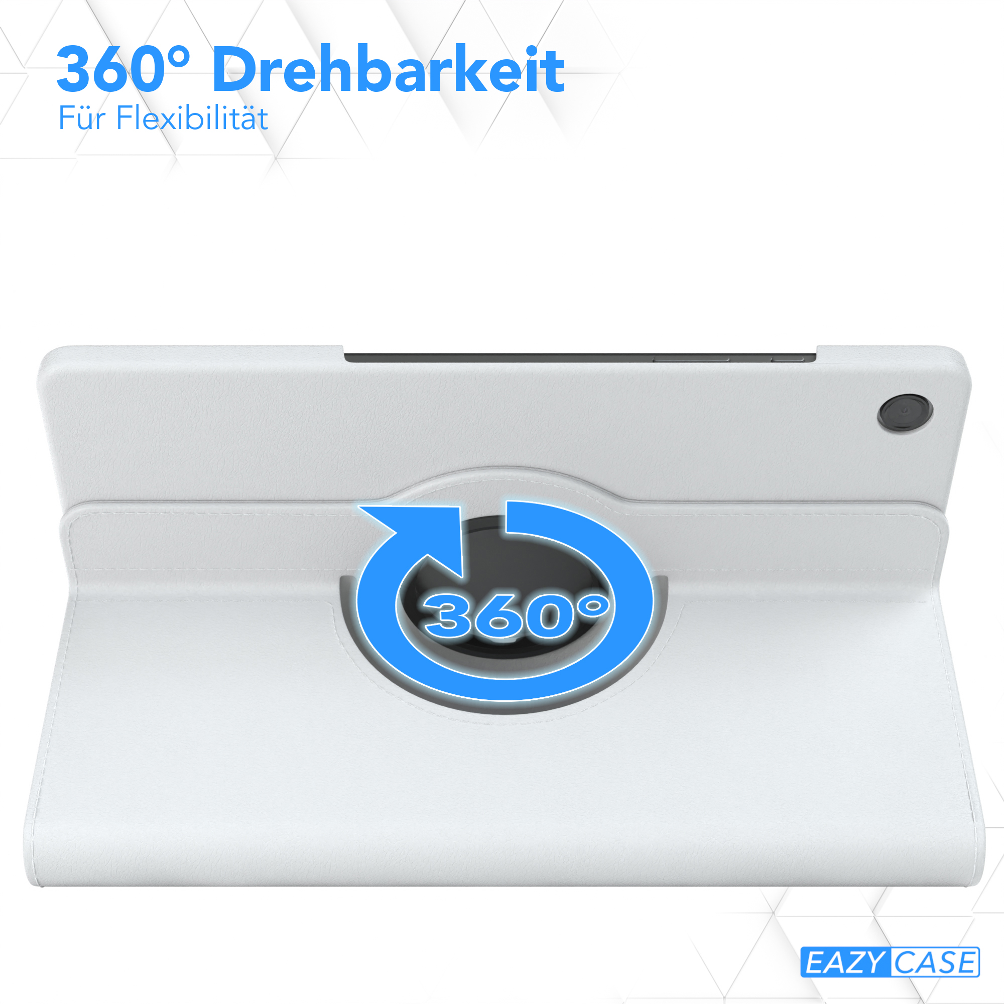 Ein weißes Tablet in einem weißen Gehäuse, das einen 360-Grad-Dreipfeil zeigt.