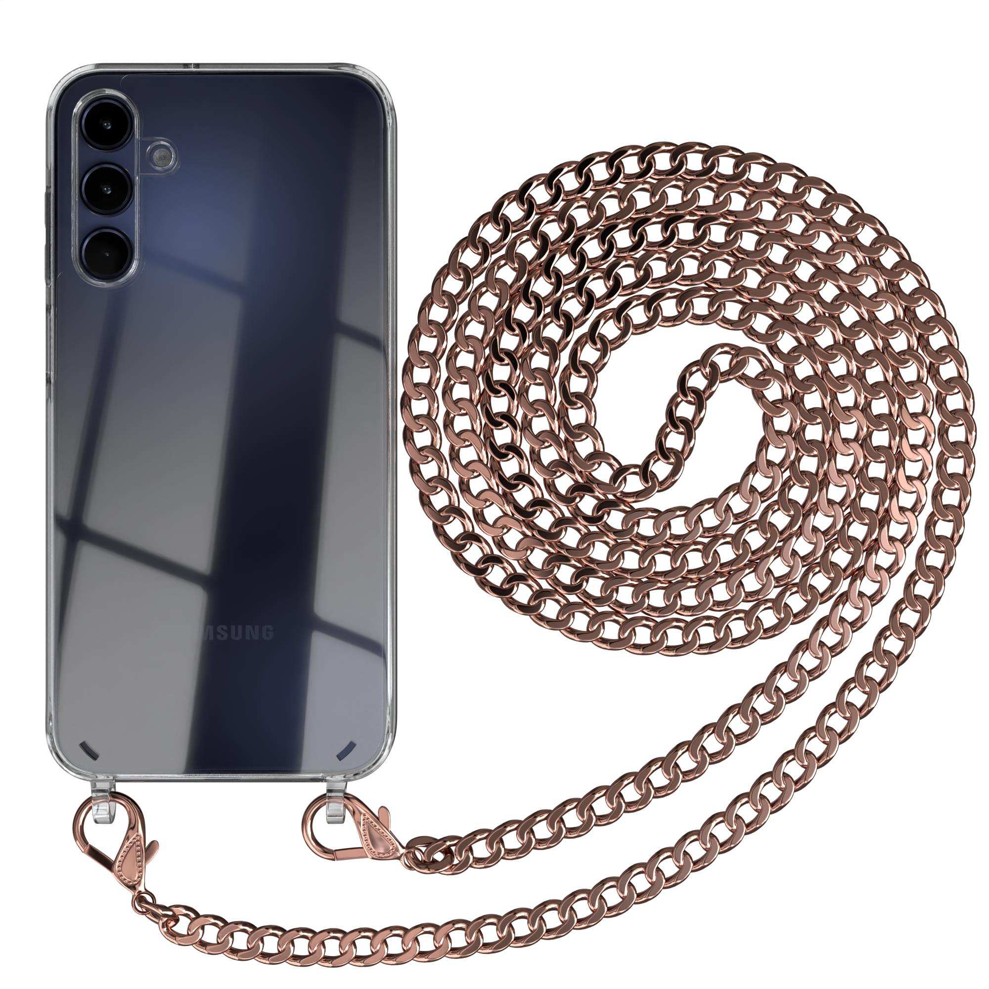 Eine transparente Handyhülle mit einer roségoldenen Kette zum Aufhängen. Die Hülle liegt auf weißem Grund.