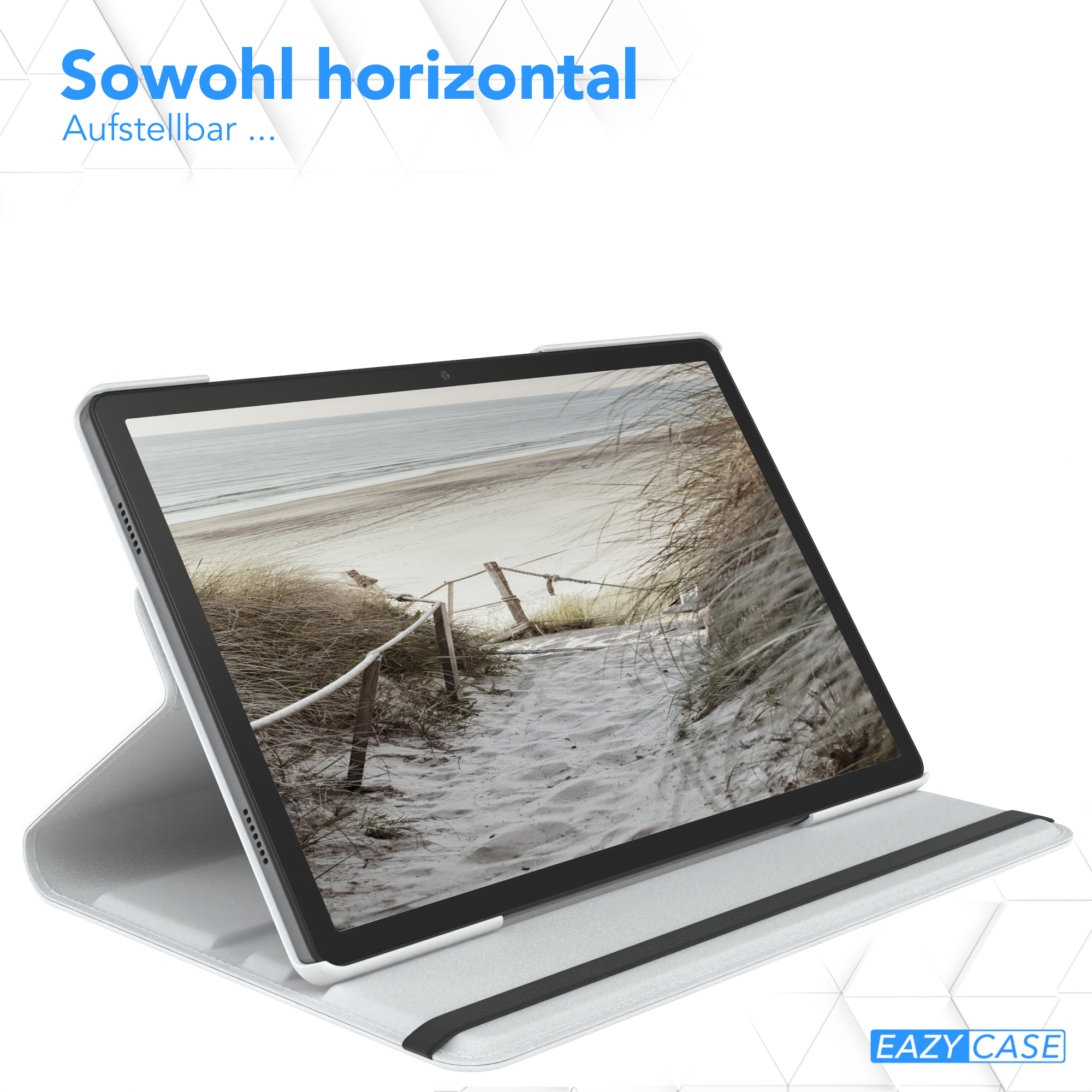 Tablet in einer Hülle, das eine Strandszene zeigt. Die Hülle liegt auf einer weißen Oberfläche.