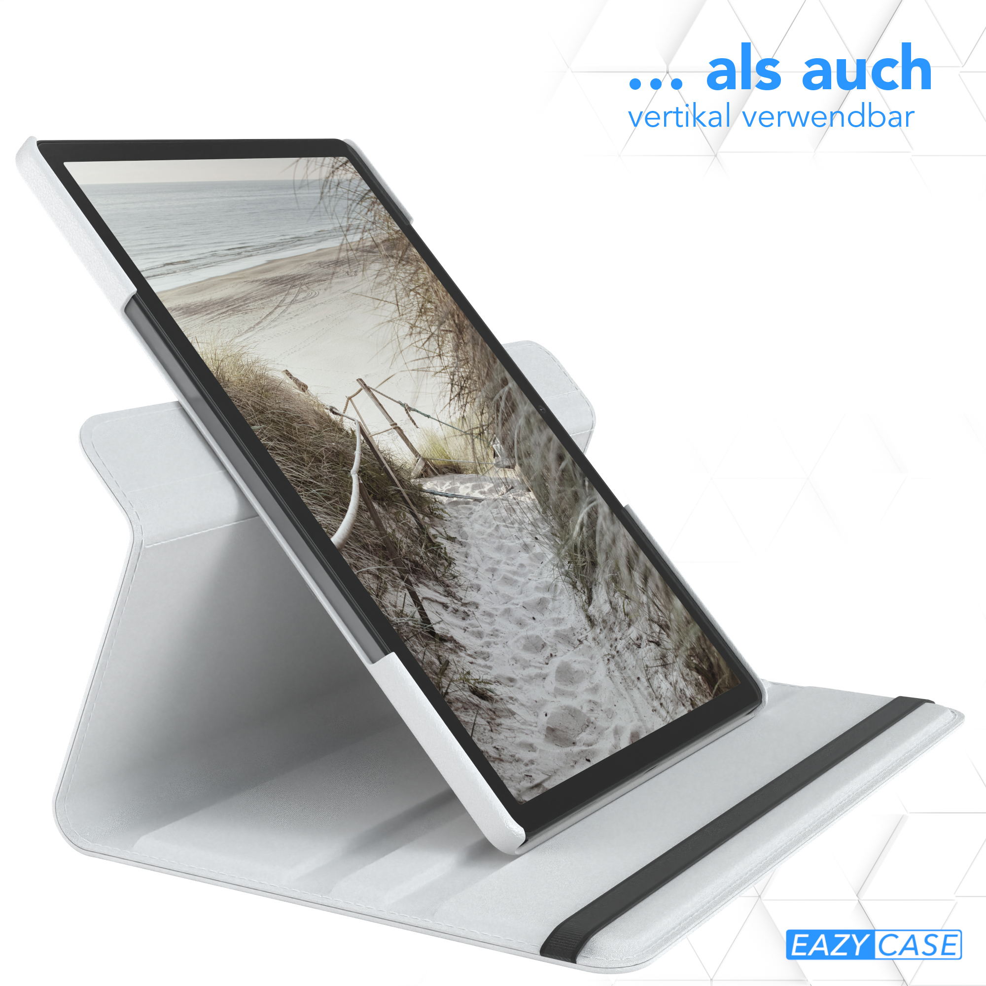 Tablet in weißem Case, aufgestellt. Text-Overlay: '...als auch vertikal verwendbar'.